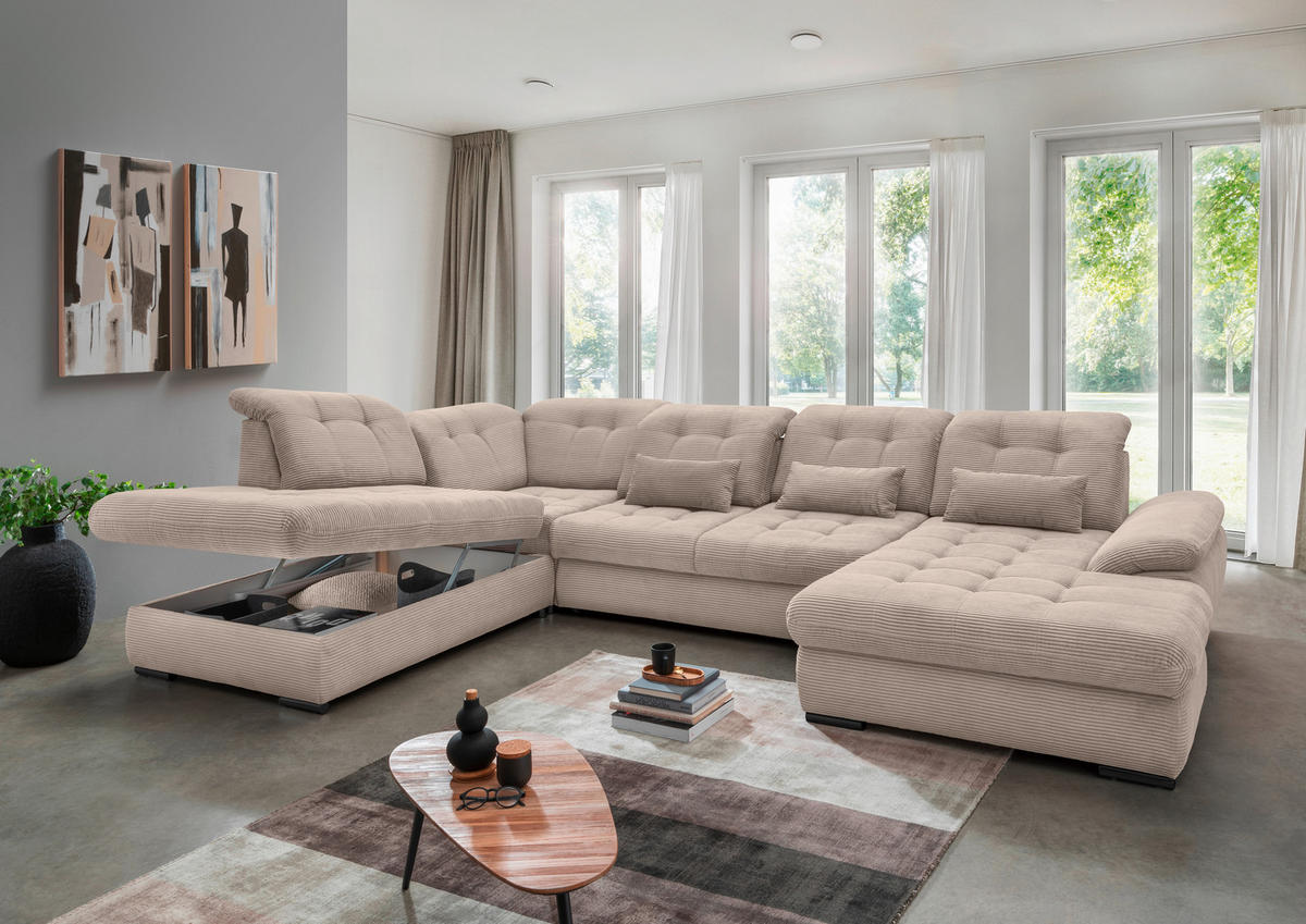 SALON PANORAMIQUE in Cord Beige  - beige/noir, Modern, textile/métal (252/387/184cm) - Livetastic