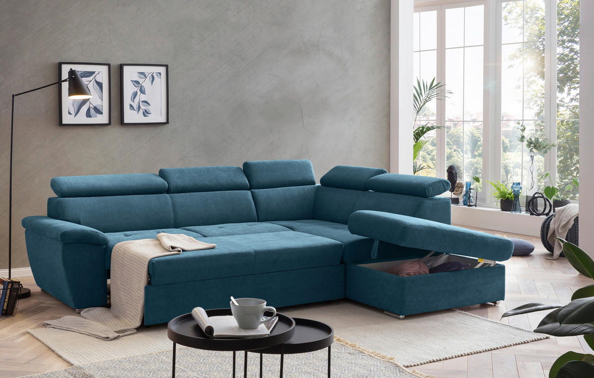 ECKSOFA Hellblau Chenille  - Chromfarben/Hellblau, Design, Textil/Metall (262/216cm) - Livetastic