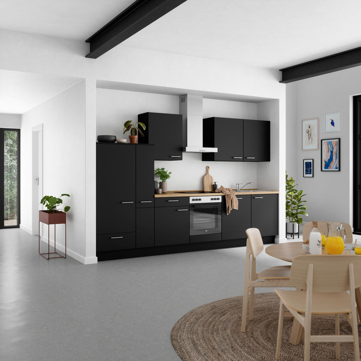 KÜCHENLEERBLOCK 330 cm   in Schwarz, Eichefarben  - Edelstahlfarben/Eichefarben, MODERN, Holzwerkstoff/Metall (330cm) - Nobilia
