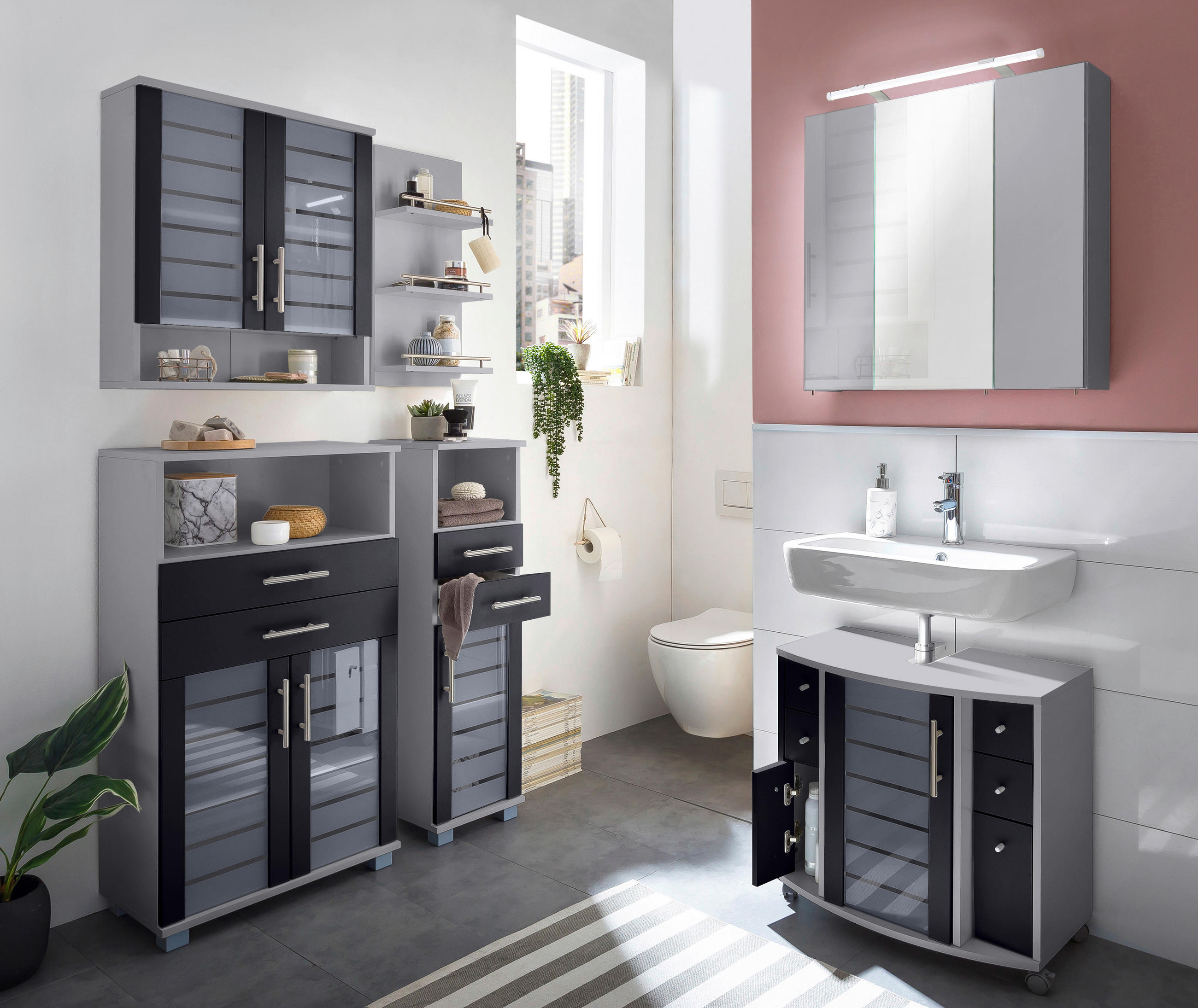 Thumbnail - Mid.you Hängeschrank Niko, Anthrazit, Silber, Metall, 2 Fächer, 59.8x70.8x20.5 cm, Made in Germany, hängend, Badezimmer,...