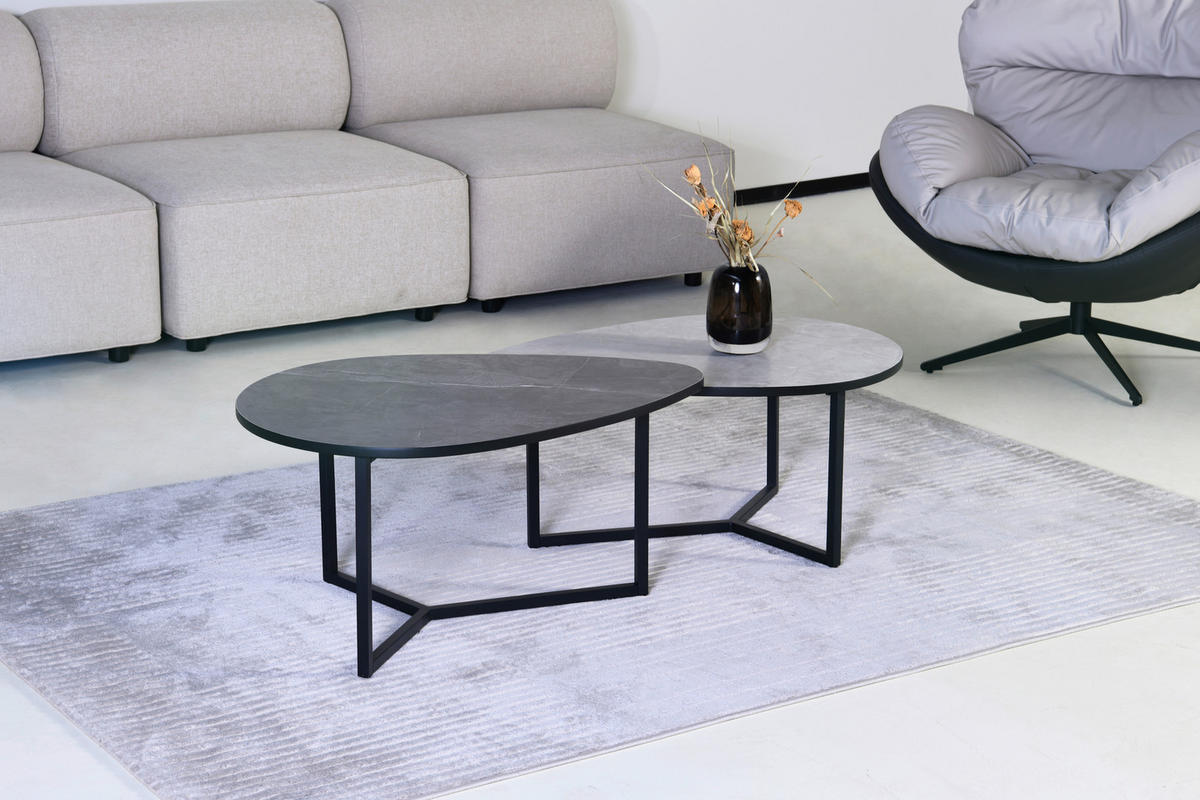 COUCHTISCHSET oval Hellgrau, Dunkelgrau  - Dunkelgrau/Hellgrau, Design, Holzwerkstoff/Metall (83/40/36,5/59cm) - MID.YOU