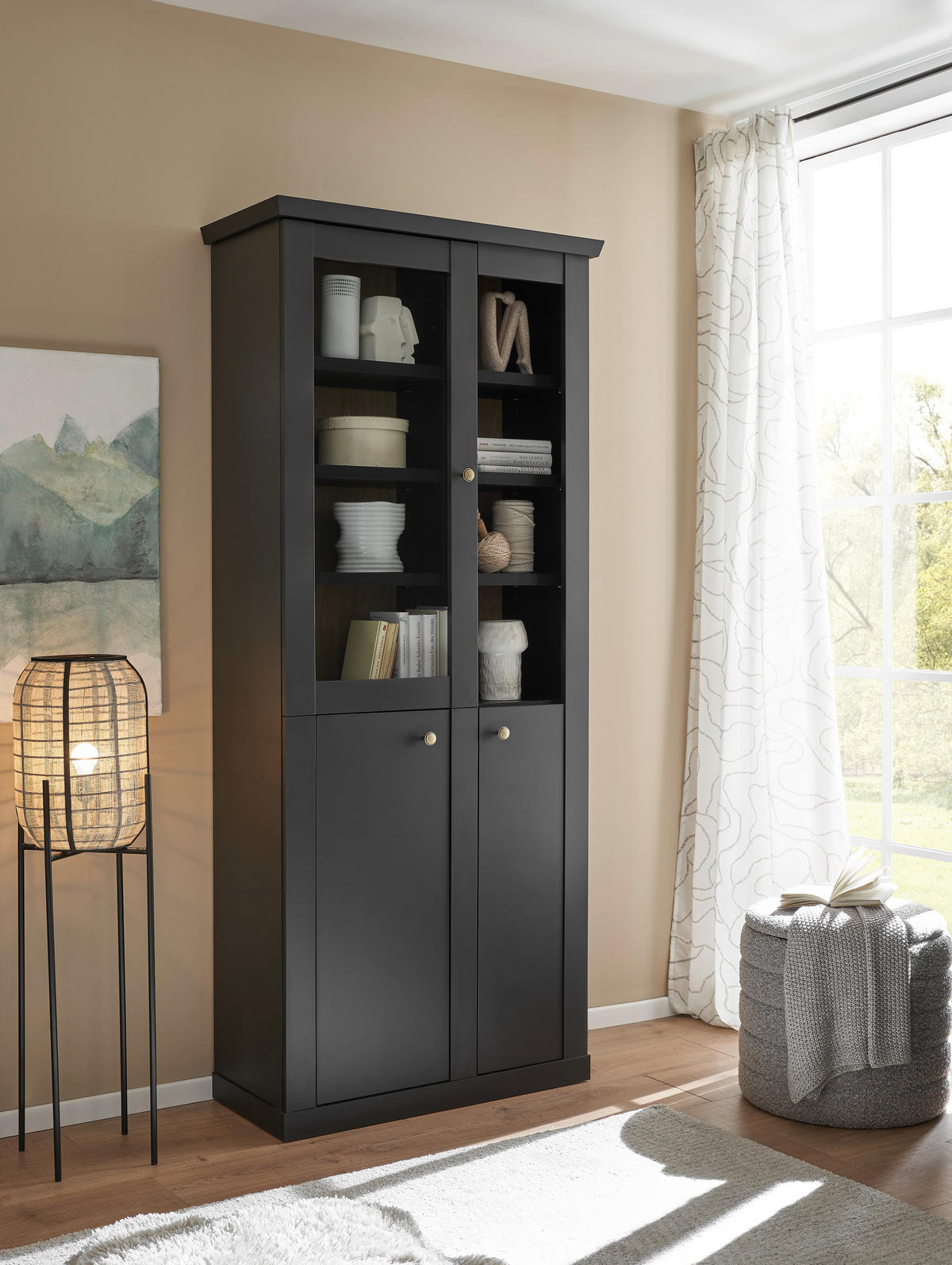 VITRINE  in Schwarz, Eichefarben - Eichefarben/Messingfarben, Design, Holzwerkstoff/Metall (86/200/39cm) - MID.YOU