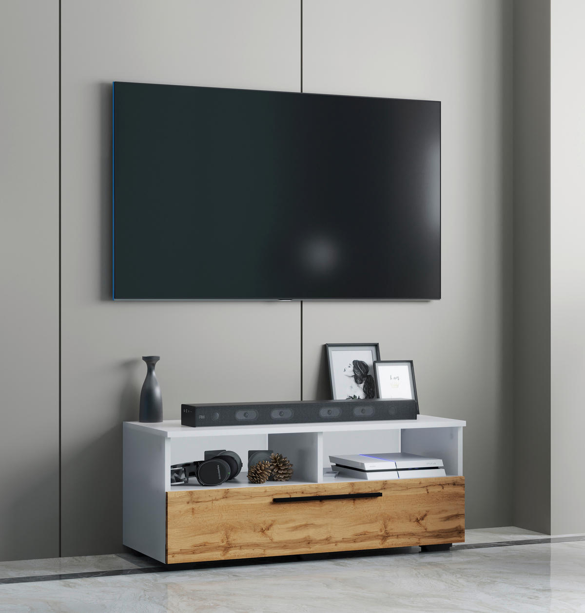 TV-BÄNK  i 95/39/40 cm  - honungsek/vit, Modern, metall/trämaterial (95/39/40cm) - MID.YOU