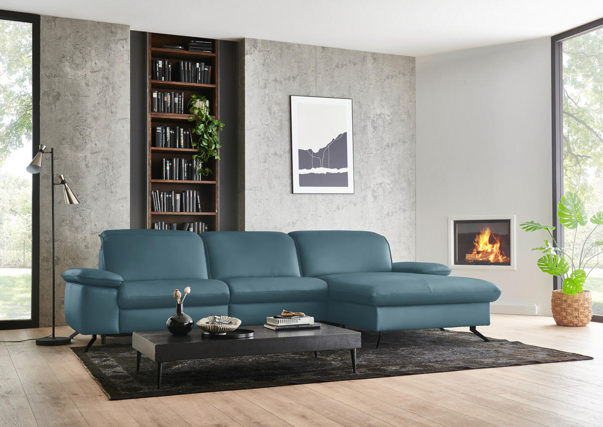 ECKSOFA  Echtleder Blau  - Blau/Schwarz, Design, Leder/Metall (307/169cm) - Beldomo Premium