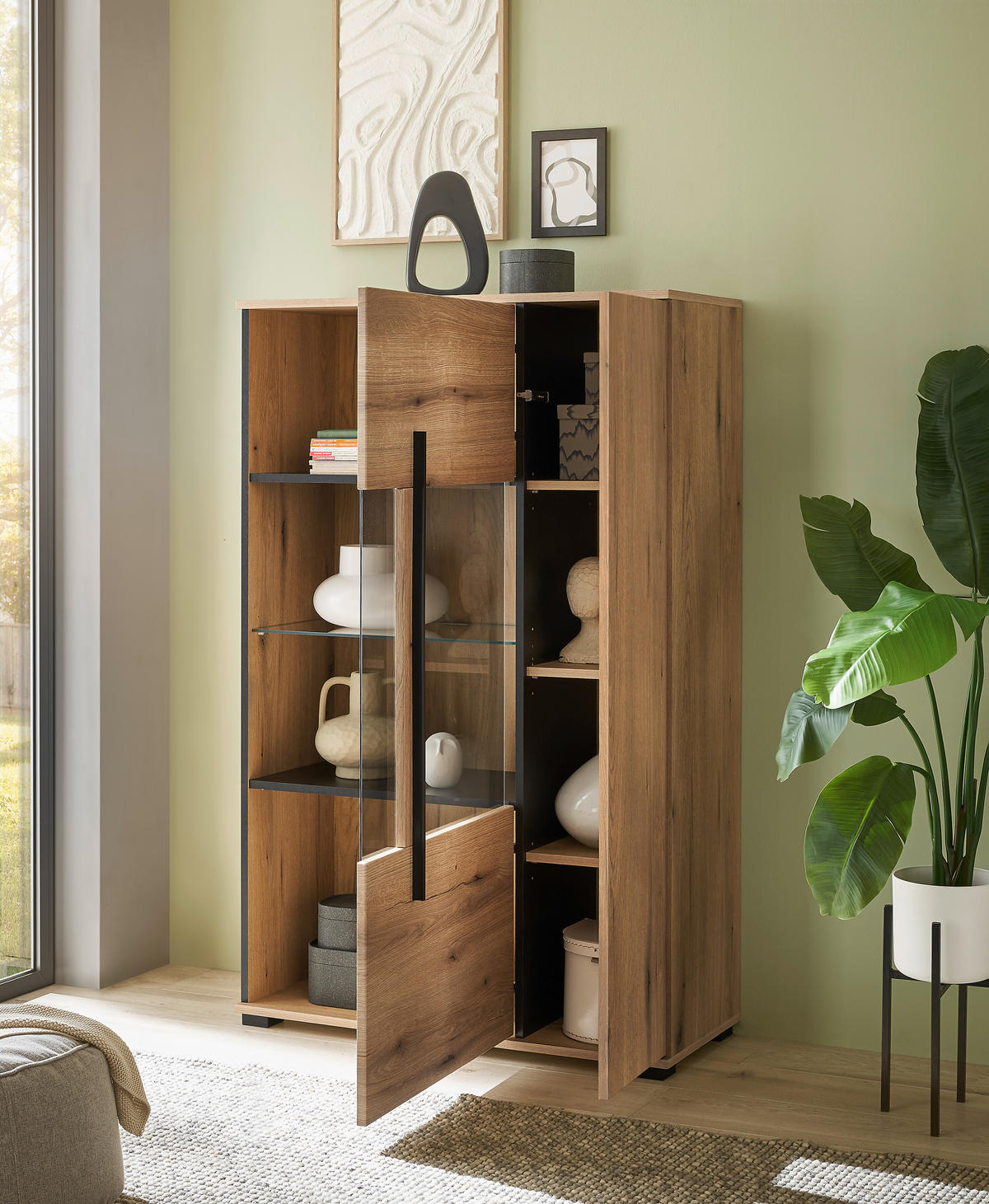 VITRINE  in Eichefarben  - Eichefarben/Schwarz, Design, Glas/Holzwerkstoff (90/140/37cm) - Livetastic