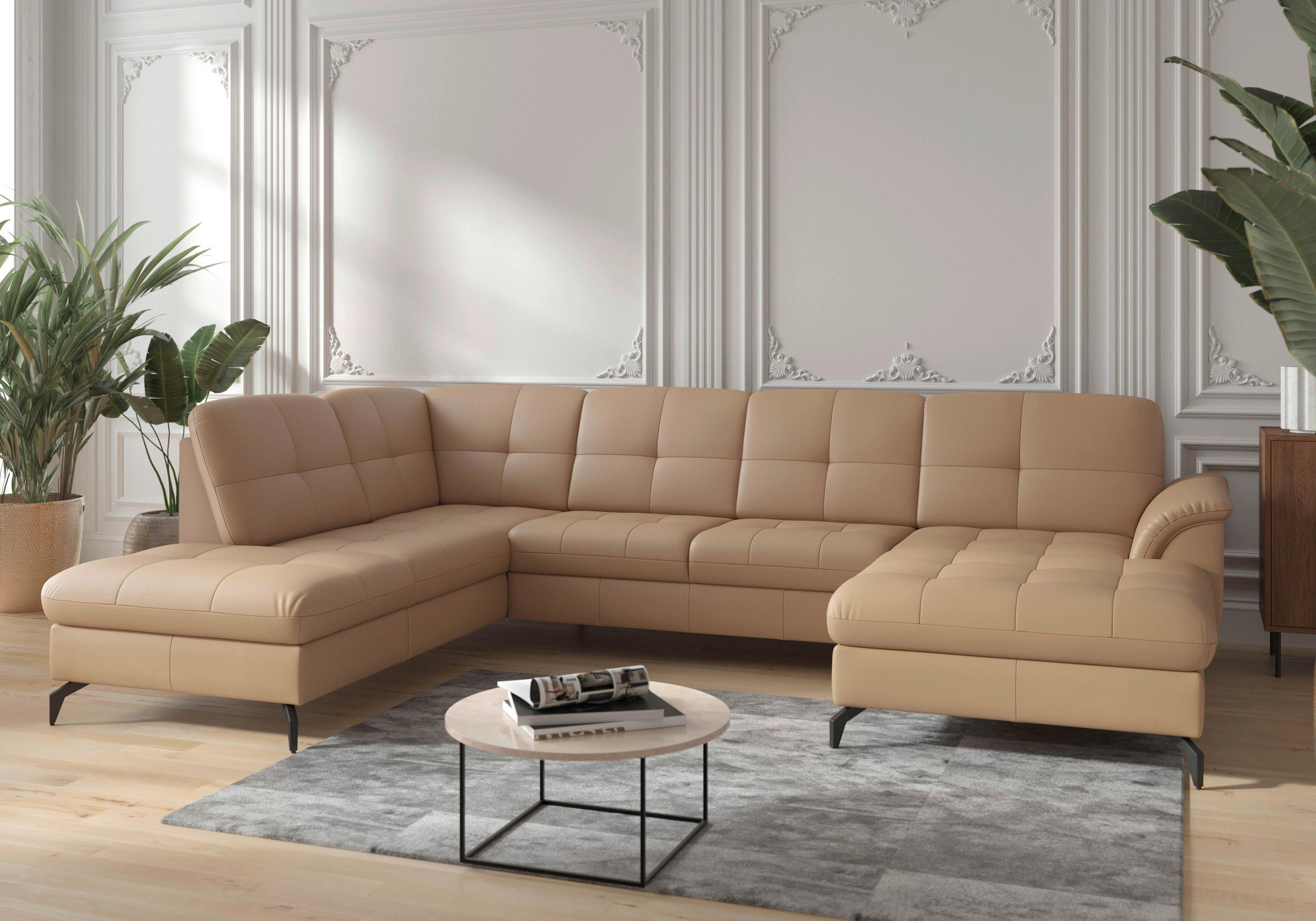 WOHNLANDSCHAFT in Vliesstoff Kombination Echtleder/Stoff Cappuccino  - Schwarz/Cappuccino, Modern, Leder/Textil (212/319/164cm) - Sit & More