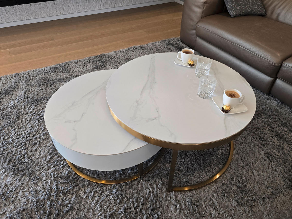 COUCHTISCHSET in Metall, Stein, Holzwerkstoff 70-80/70-80/31-39 cm  - Goldfarben/Weiß, Design, Holzwerkstoff/Stein (70-80/70-80/31-39cm) - Modante
