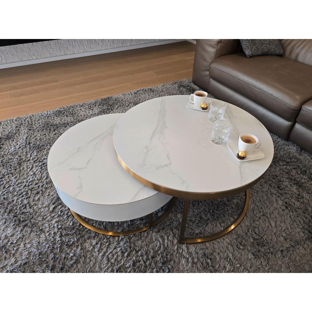 Thumbnail - Modante Couchtischset, Weiß, Gold, Metall, Stein, Holzwerkstoff, 2-teilig, Marmoroptik, rund, eckig, C-Form, 70-80x31-39...