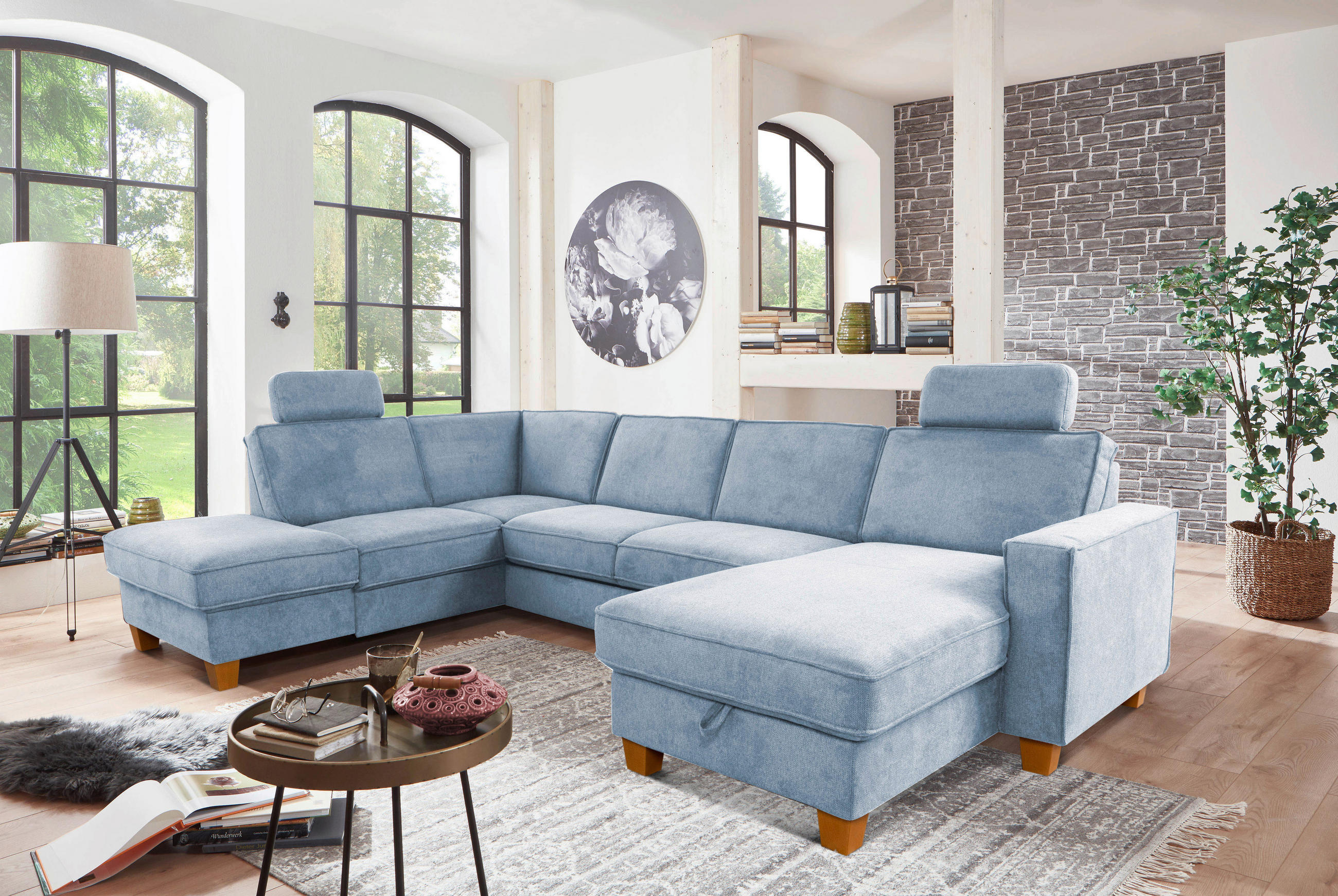 WOHNLANDSCHAFT Hellblau Flachgewebe  - Eichefarben/Hellblau, KONVENTIONELL, Holz/Textil (213/309/161cm) - Sit & More