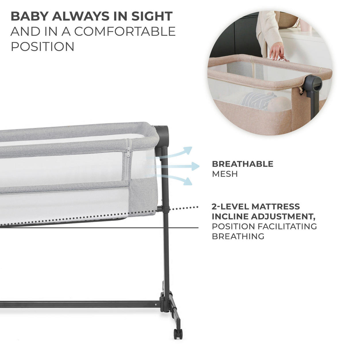 BEISTELLBETT Neste Up 2  - Hellgrau, Basics (98/68-79/51-60.5cm) - kinderkraft