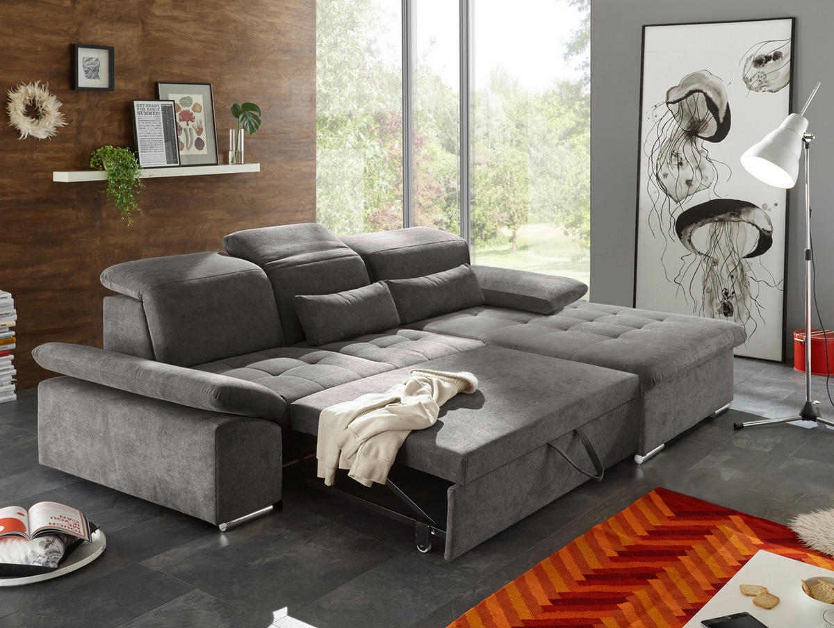ECKSOFA Dunkelgrau Mikrovelours  - Dunkelgrau/Silberfarben, KONVENTIONELL, Kunststoff/Textil (276/188cm) - MID.YOU