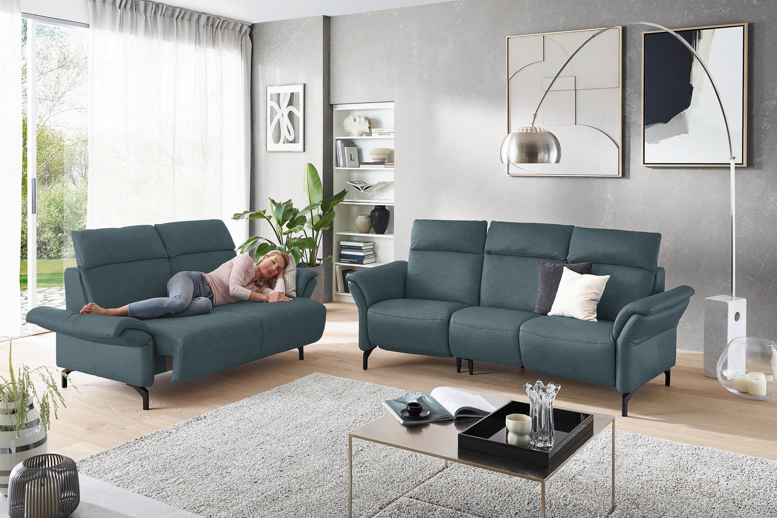 2-SITZER-SOFA in Echtleder Graublau  - Graublau/Schwarz, Konventionell, Leder/Metall (178/103/92cm) - Dieter Knoll