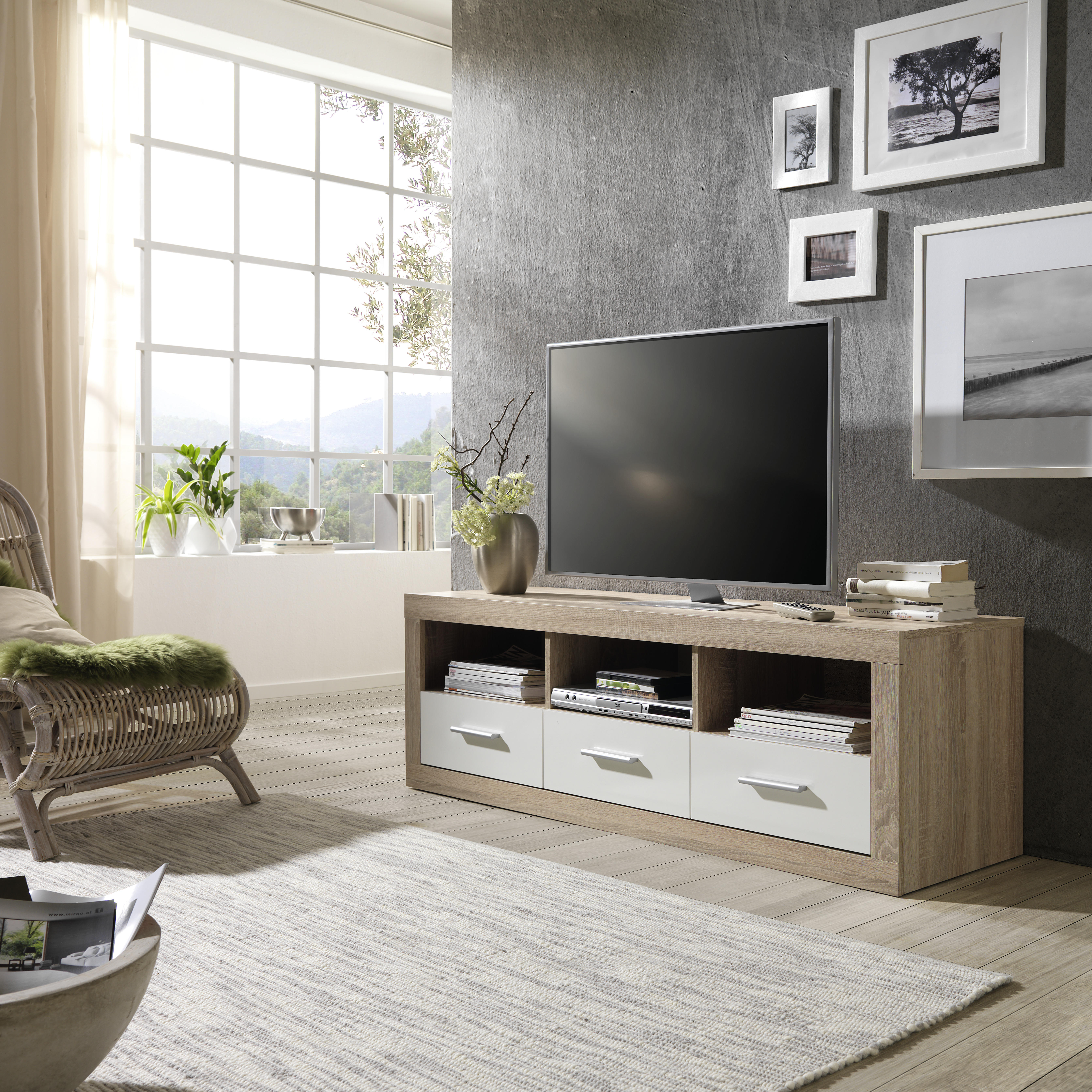 TV DÍL, bílá, Sonoma dub, 147/49/45 cm - bílá/barvy stříbra, Design, kompozitní dřevo/plast (147/49/45cm) - Boxxx