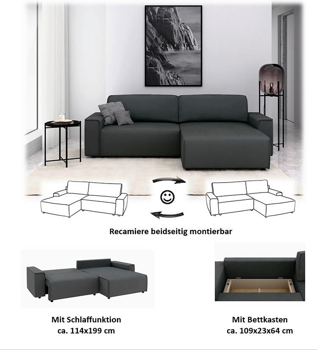 ECKSOFA in Struktur Anthrazit  - Anthrazit/Schwarz, Modern, Kunststoff/Textil (265/164cm) - Trendmanufaktur