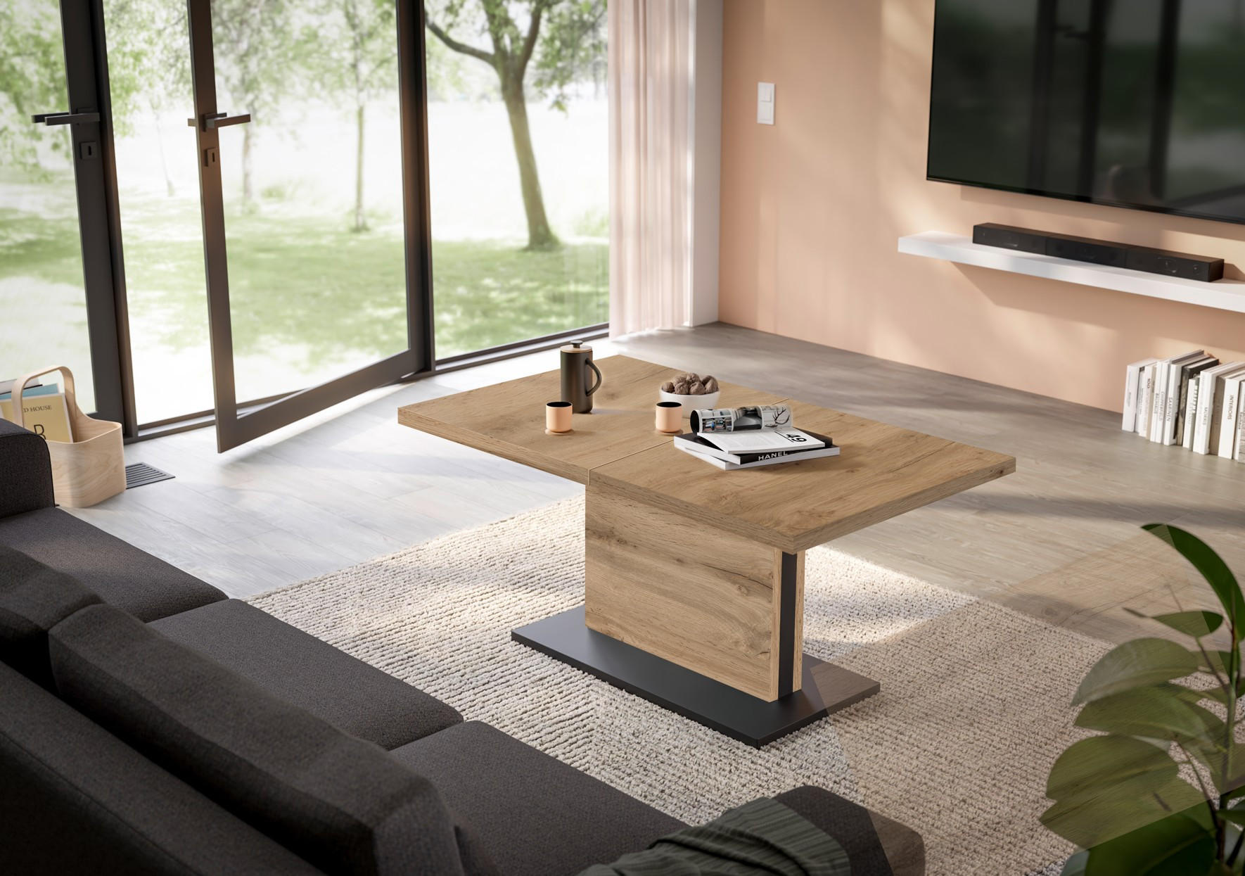 COUCHTISCH Lift Couchtisch rechteckig Schwarz, Eiche Wotan  - Eiche Wotan/Schwarz, Design, Holzwerkstoff/Metall (120-160/56-75/70cm) - MID.YOU