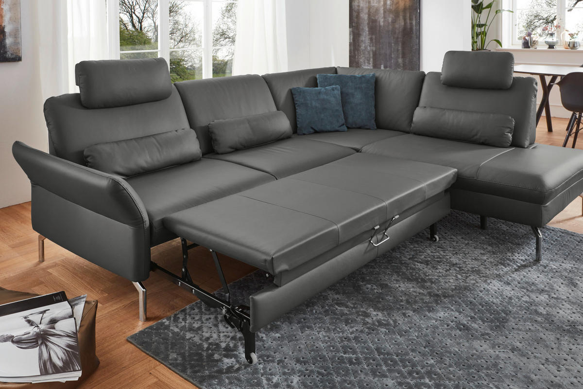 ECKSOFA in Echtleder Anthrazit  284/220 cm  - Anthrazit/Alufarben, KONVENTIONELL, Leder/Metall (284/220cm) - Beldomo Premium