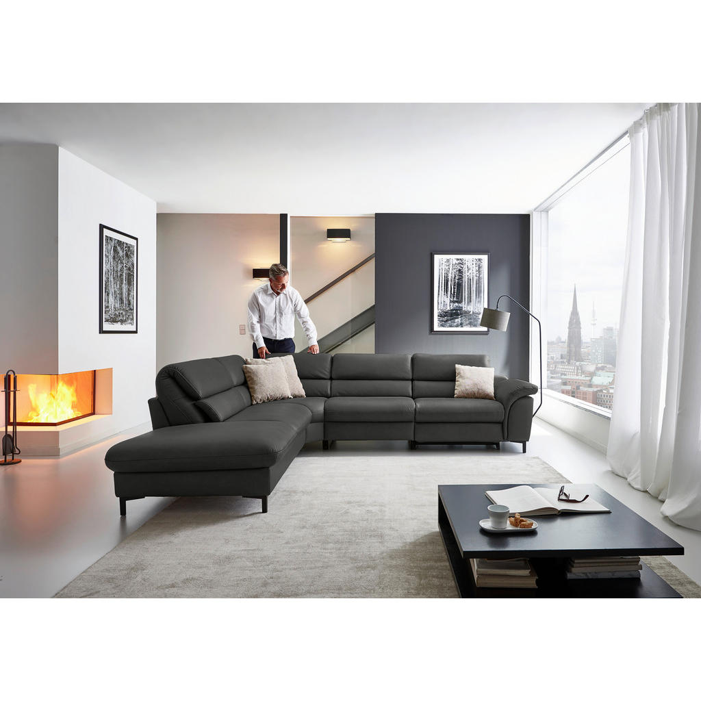 Thumbnail - Hukla Ecksofa Valdera, Schwarz, Leder, Echtleder, Semi-Anilinleder, 3-Sitzer, Ottomane links, Eckteil, L-Form, 280x246 c...
