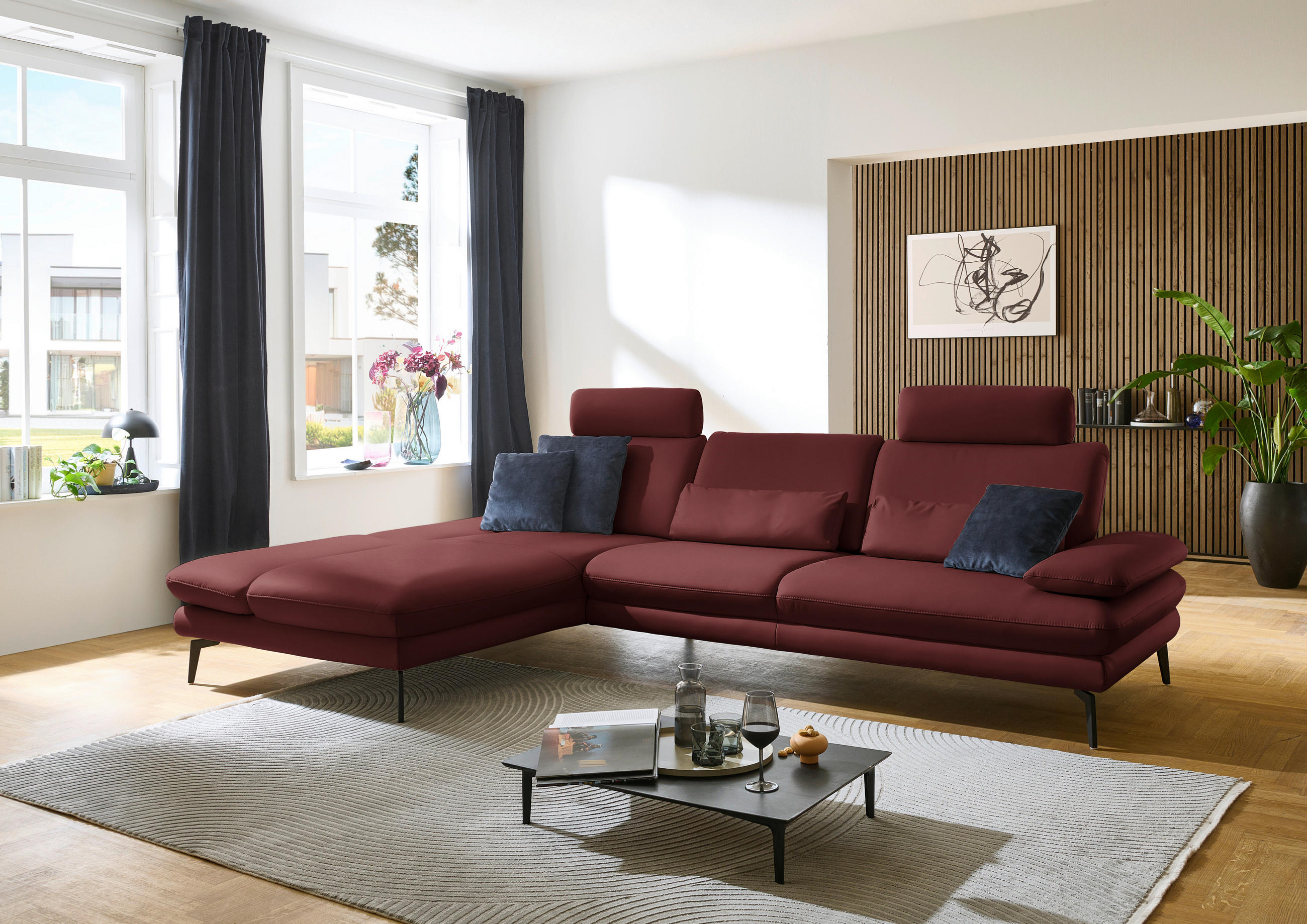 ECKSOFA in Echtleder Brombeere  - Brombeere/Schwarz, Design, Leder/Metall (195/308cm) - Dieter Knoll