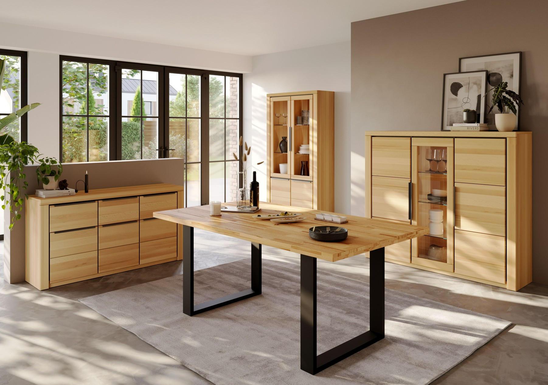 HIGHBOARD Brunei  in 160/141/40 cm  - Buchefarben/Schwarz, Design, Glas/Holz (160/141/40cm) - Livetastic