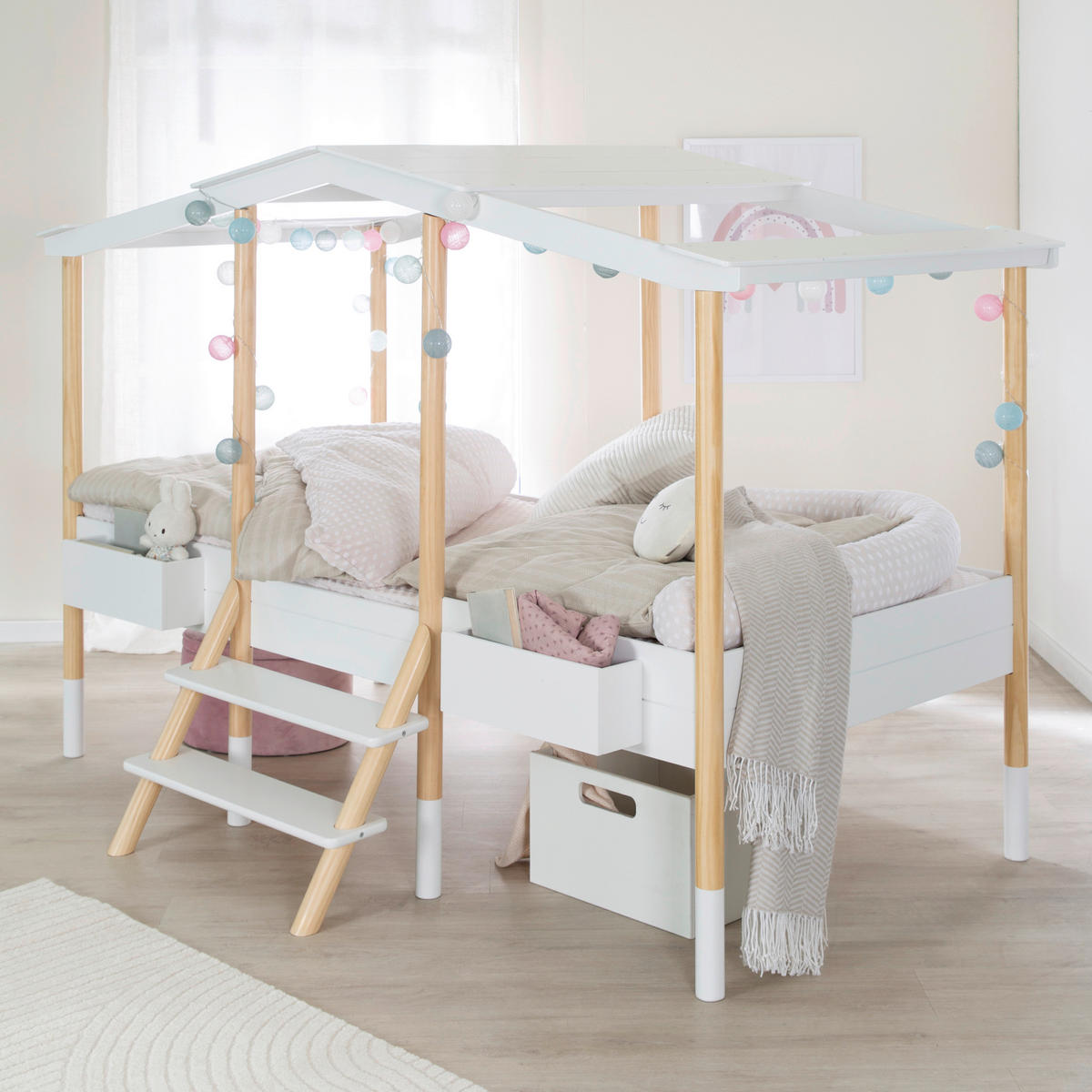 HAUSBETT 90/200 cm,  in Weiß, Kieferfarben, Leiter, Lattenrost  - Weiß/Kieferfarben, Basics, Holz (90/200cm) - Xora