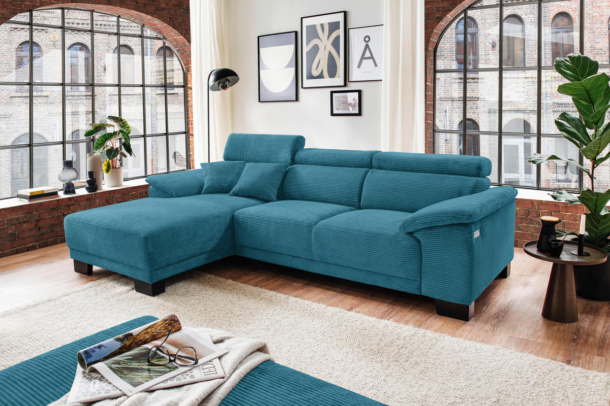 ECKSOFA in Cord Petrol  - Petrol/Schwarz, Design, Holz/Textil (174/270cm) - Pure Home Lifestyle