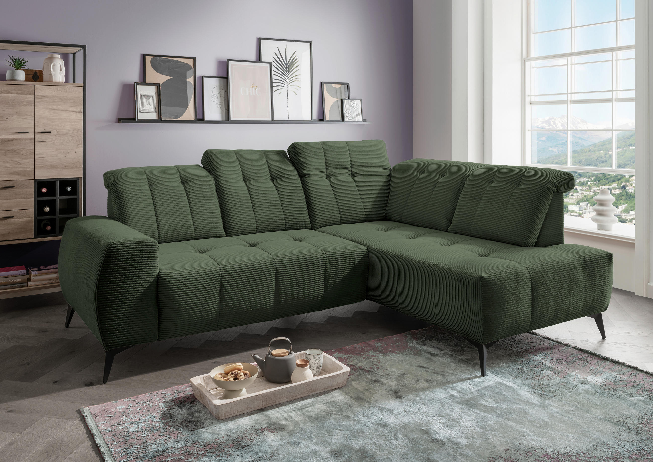ECKSOFA Dunkelgrün Cord  - Dunkelgrün/Schwarz, MODERN, Textil/Metall (261/200cm) - Livetastic
