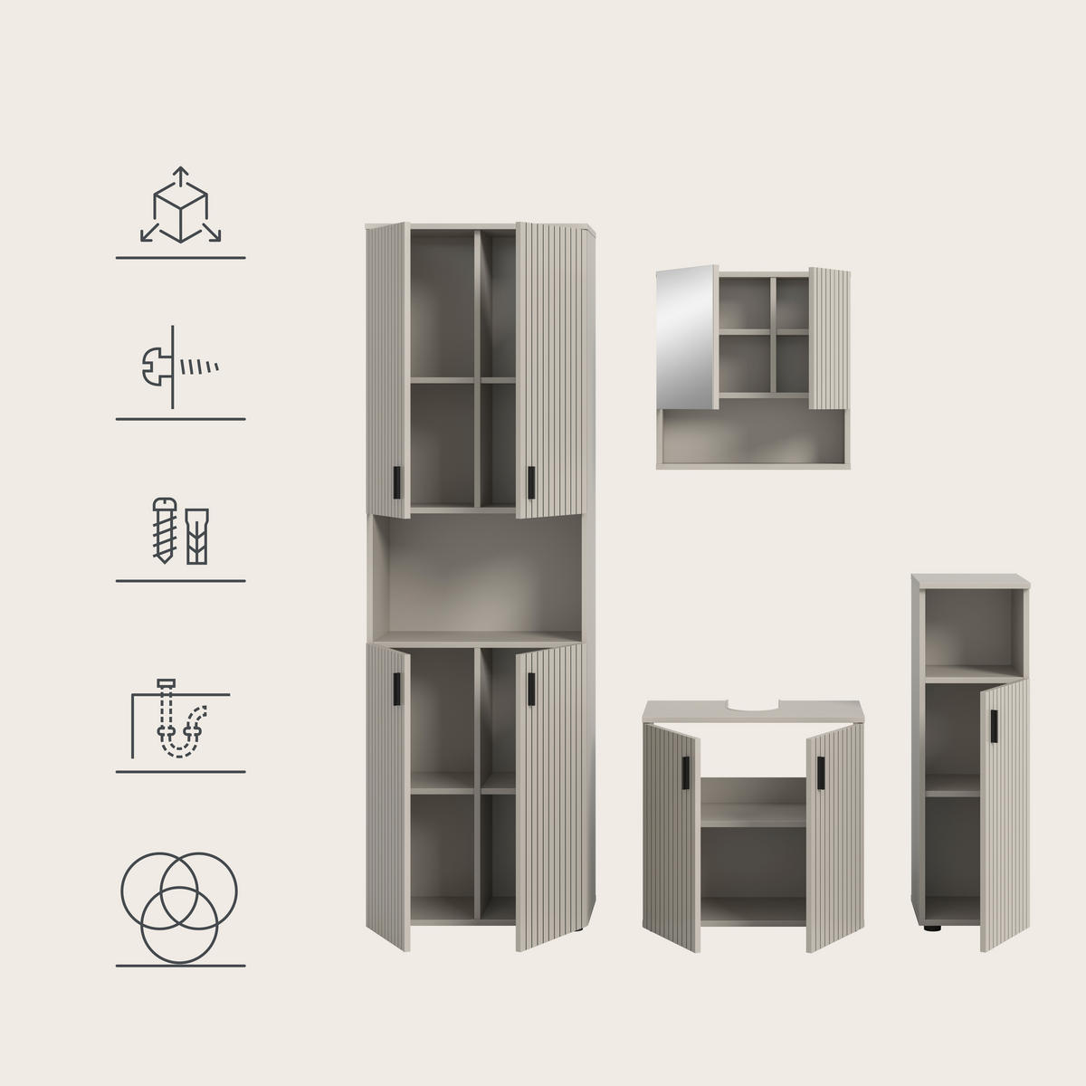 BADEZIMMER 4-teilig  in 150 cm  - Kaschmir/Schwarz, Trend, Glas/Holzwerkstoff (150cm) - MID.YOU