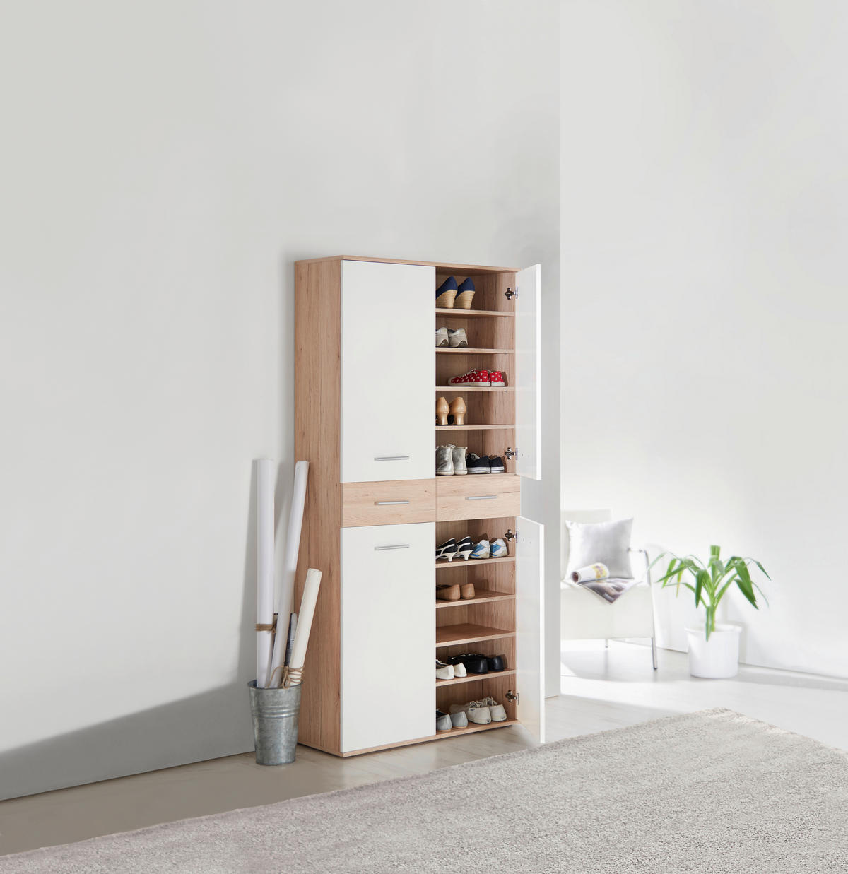 OMARA ZA ČEVLJE bela, barve hrasta - srebrne barve/črna, Design, umetna masa/leseni material (90/195/35cm) - Xora