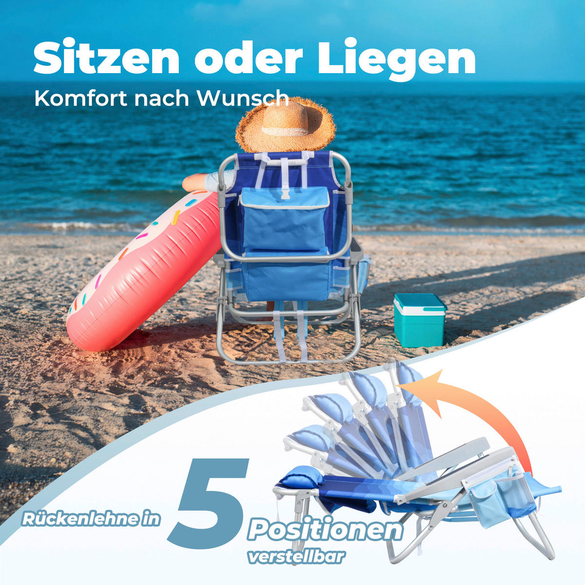 STRANDSTUHL Aluminium Blau, Hellblau  - Blau/Hellblau, Basics, Textil/Metall (57/80/61cm) - Modante