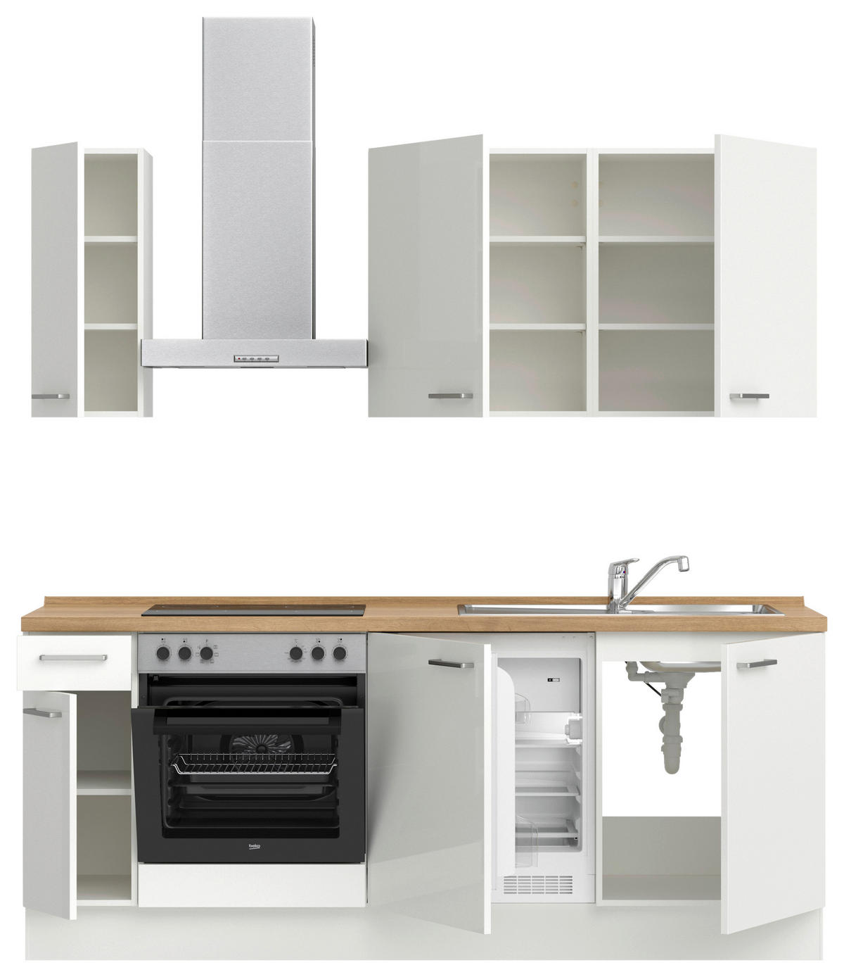 KÜCHENLEERBLOCK 210 cm   in Eichefarben, Weiß Hochglanz  - Edelstahlfarben/Eichefarben, MODERN, Holzwerkstoff/Metall (210cm) - Nobilia