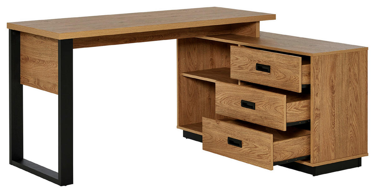 ECKSCHREIBTISCH 150/116/76 cm  in Schwarz, Eichefarben  - Eichefarben/Schwarz, Modern, Holzwerkstoff/Metall (150/116/76cm) - Livetastic
