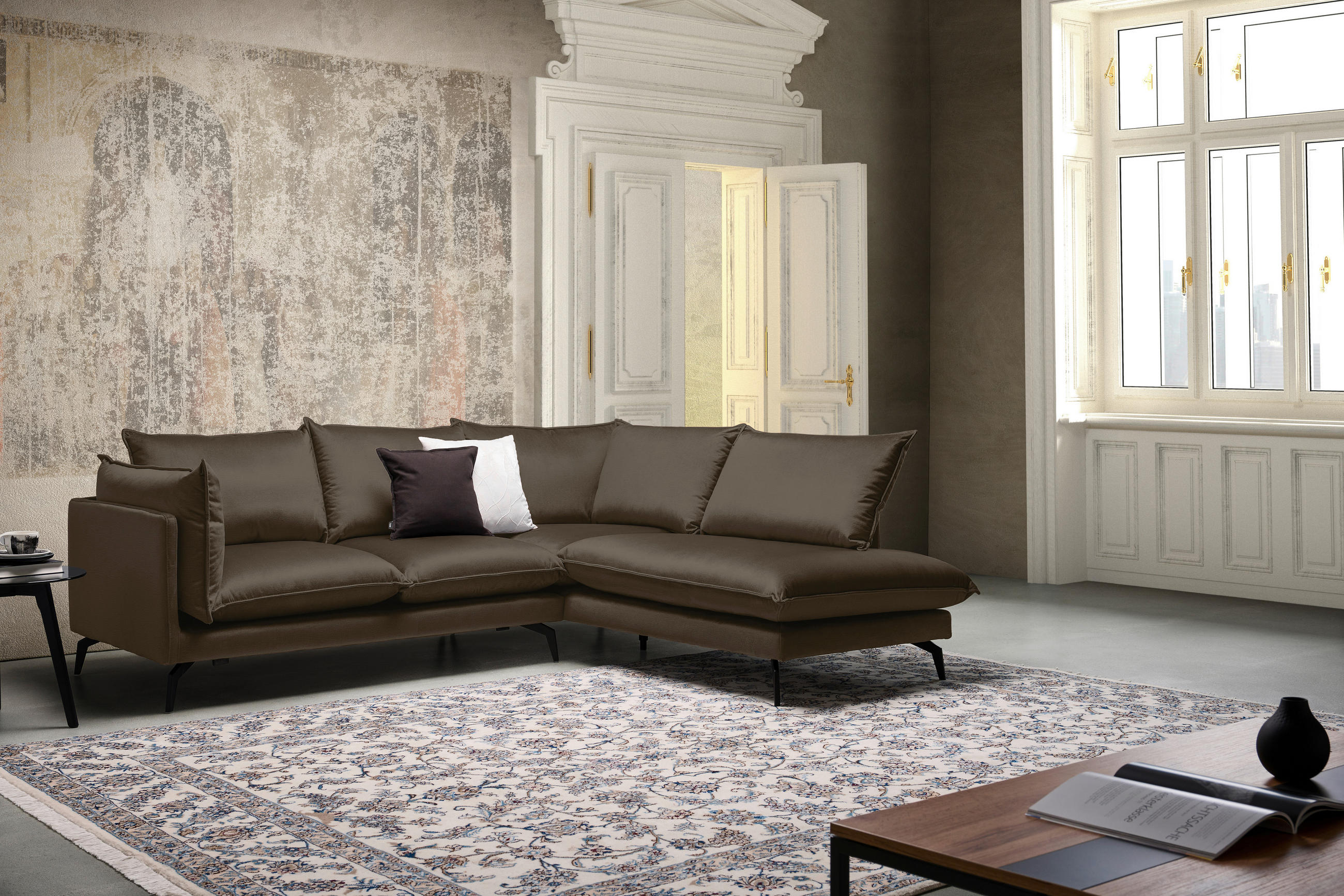 ECKSOFA in Samt Braun  241/200 cm  - Schwarz/Braun, Design, Textil/Metall (241/200cm) - Carryhome