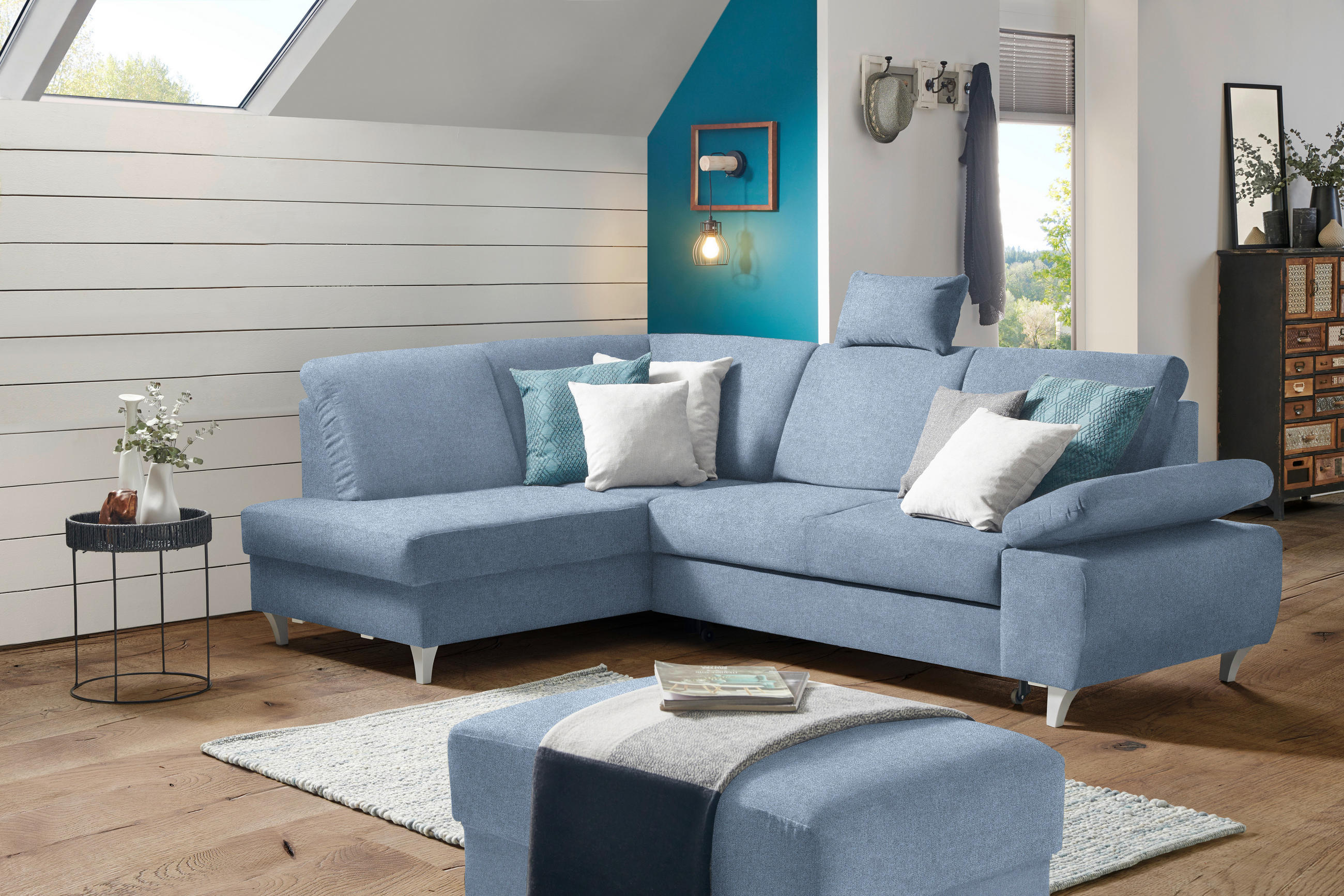 ECKSOFA in Flachgewebe Blau  - Blau/Silberfarben, Konventionell, Holz/Textil (186/255cm) - Cantus