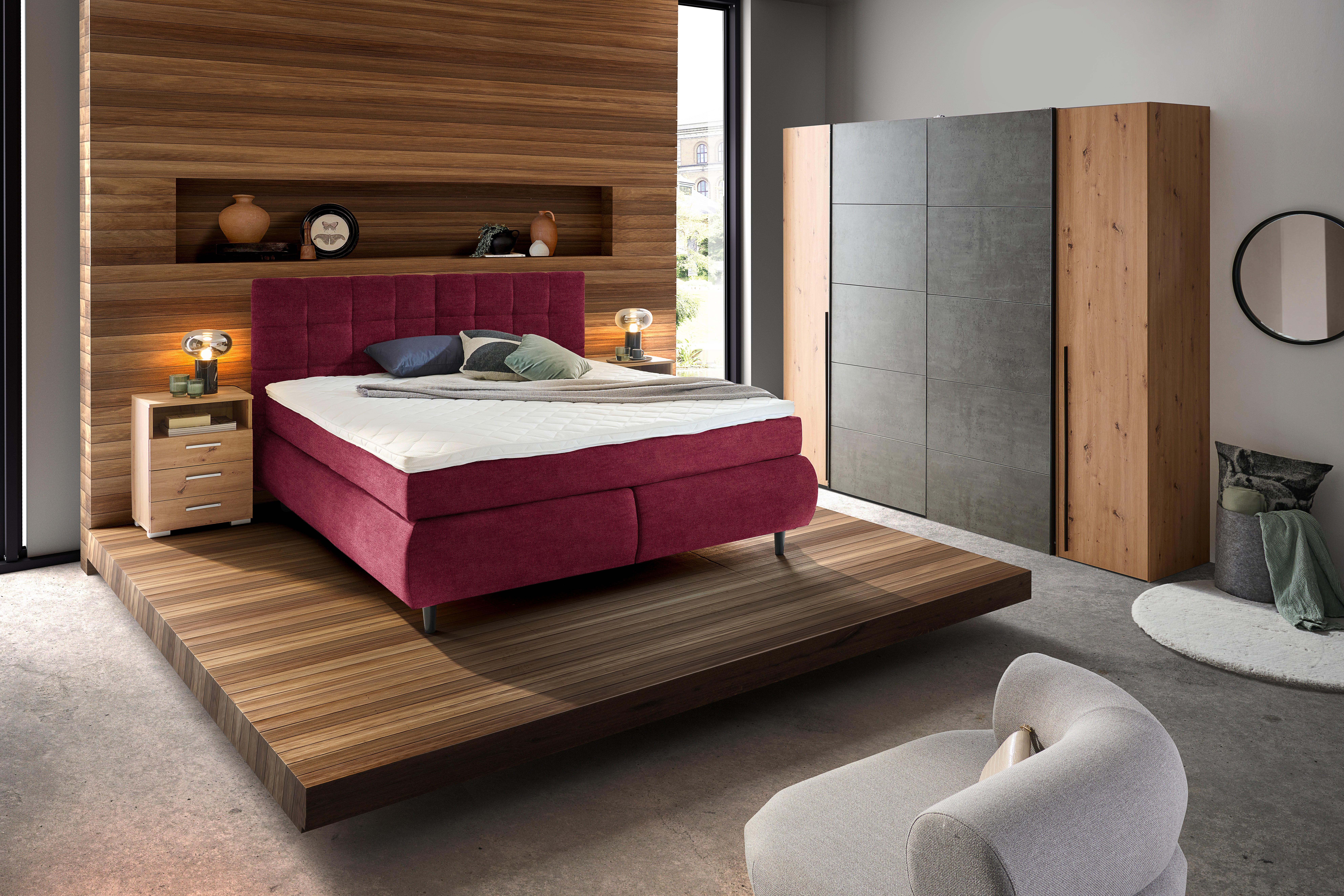BOXSPRINGBETT 160/200 cm  in Weinrot  - Weinrot/Schwarz, Konventionell, Holz/Textil (160/200cm) - Ti'me