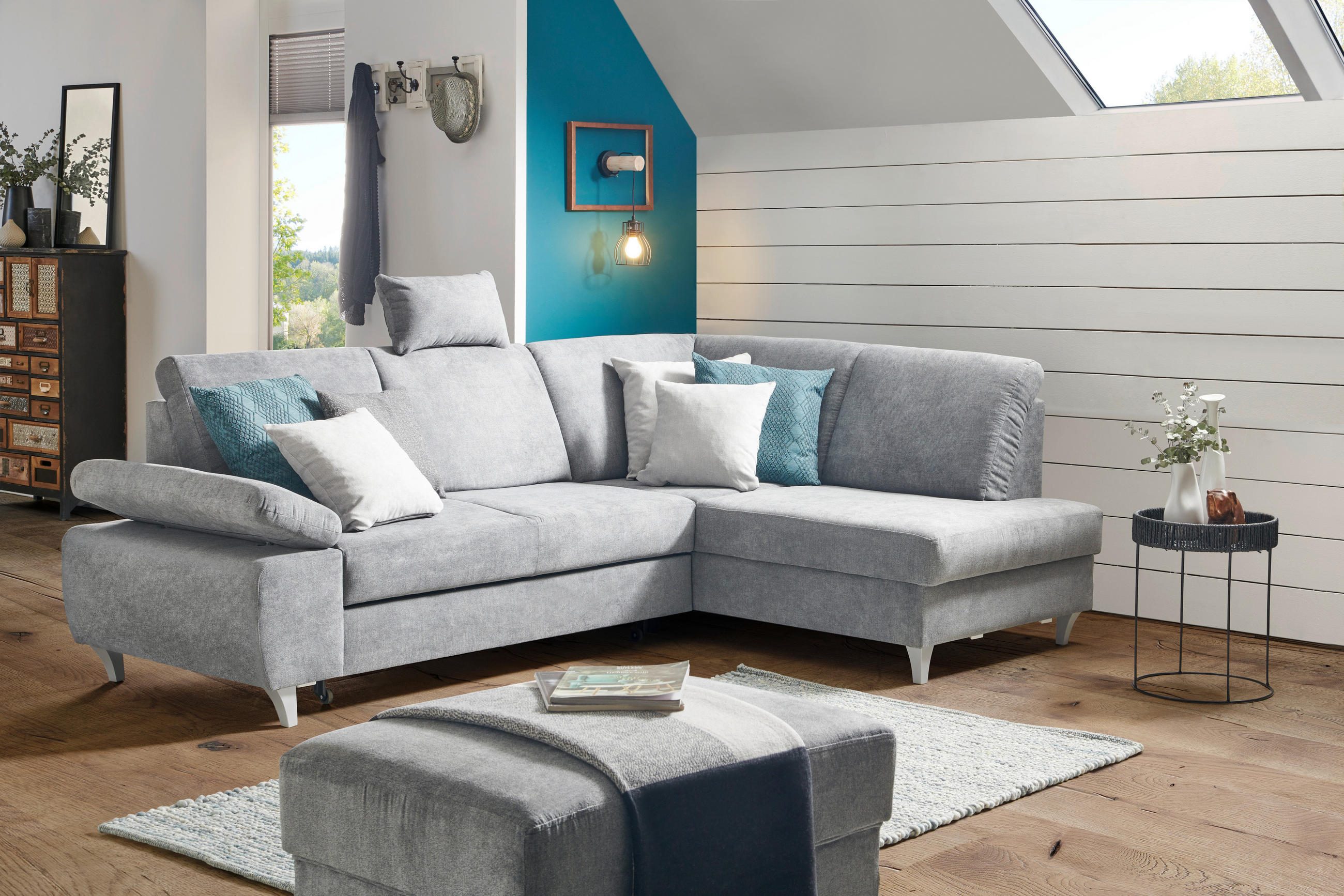 ECKSOFA in Flachgewebe Dunkelgrau  255/186 cm  - Dunkelgrau/Silberfarben, KONVENTIONELL, Holz/Textil (255/186cm) - Cantus