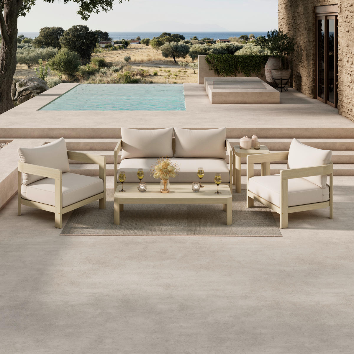 LOUNGEGARNITUR Akazie massiv  - Akaziefarben, MODERN, Holz/Kunststoff (146/62/70cm) - Ambia Garden