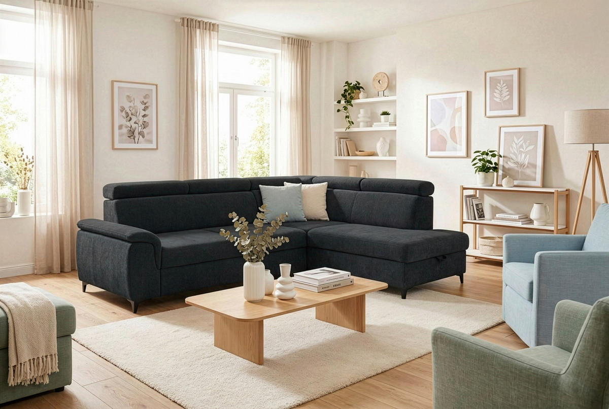 ECKSOFA Schwarz Chenille Bettkasten, Schlaffunktion, Rücken echt, Kopfteilverstellung, Liegefläche im Originalstoff  - Schwarz, KONVENTIONELL, Textil/Metall (265/206cm) - Carryhome