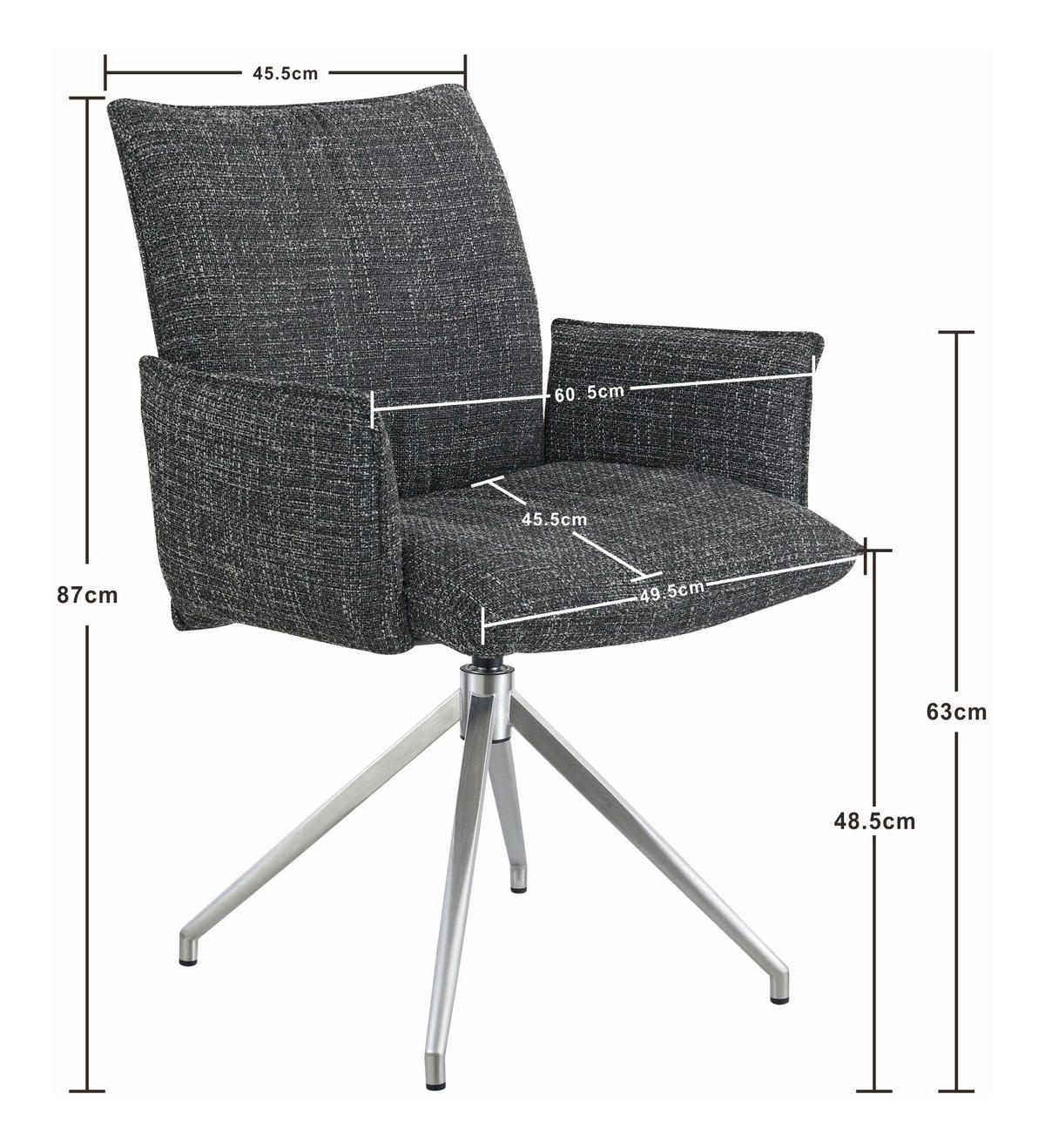 ARMLEHNSTUHL  Sitzfläche 360° drehbar, automatische Rückholfunktion Webstoff  Schwarz, Edelstahlfarben  - Edelstahlfarben/Schwarz, Design, Textil/Metall (60,5/87/61,5cm) - Novel