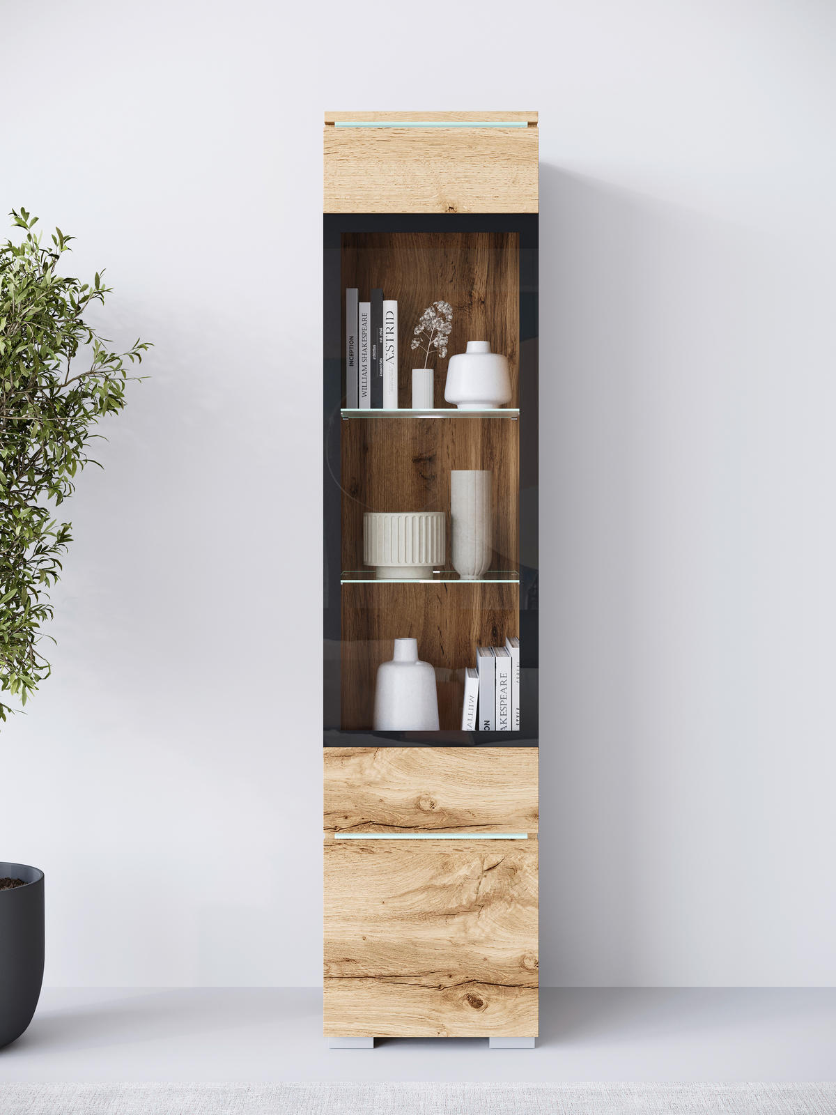 VITRÍNA, dub wotan, 30/130/33 cm - sivá/dub wotan, Design, kompozitné drevo/sklo (30/130/33cm) - Livetastic