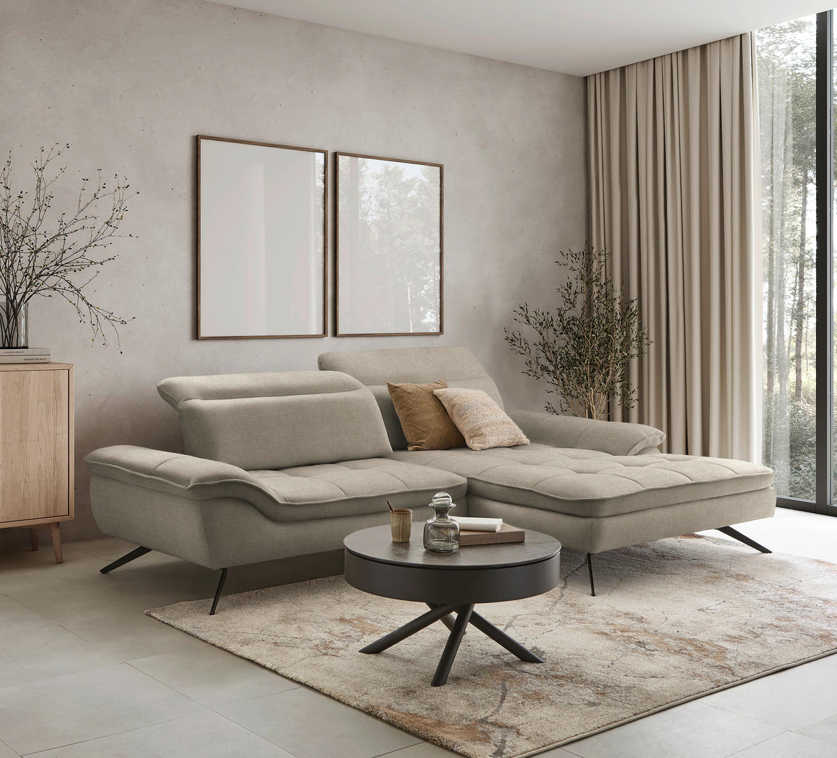 ECKSOFA in Webstoff Beige  - Beige/Schwarz, Design, Textil/Metall (288/179-202cm) - Stylife