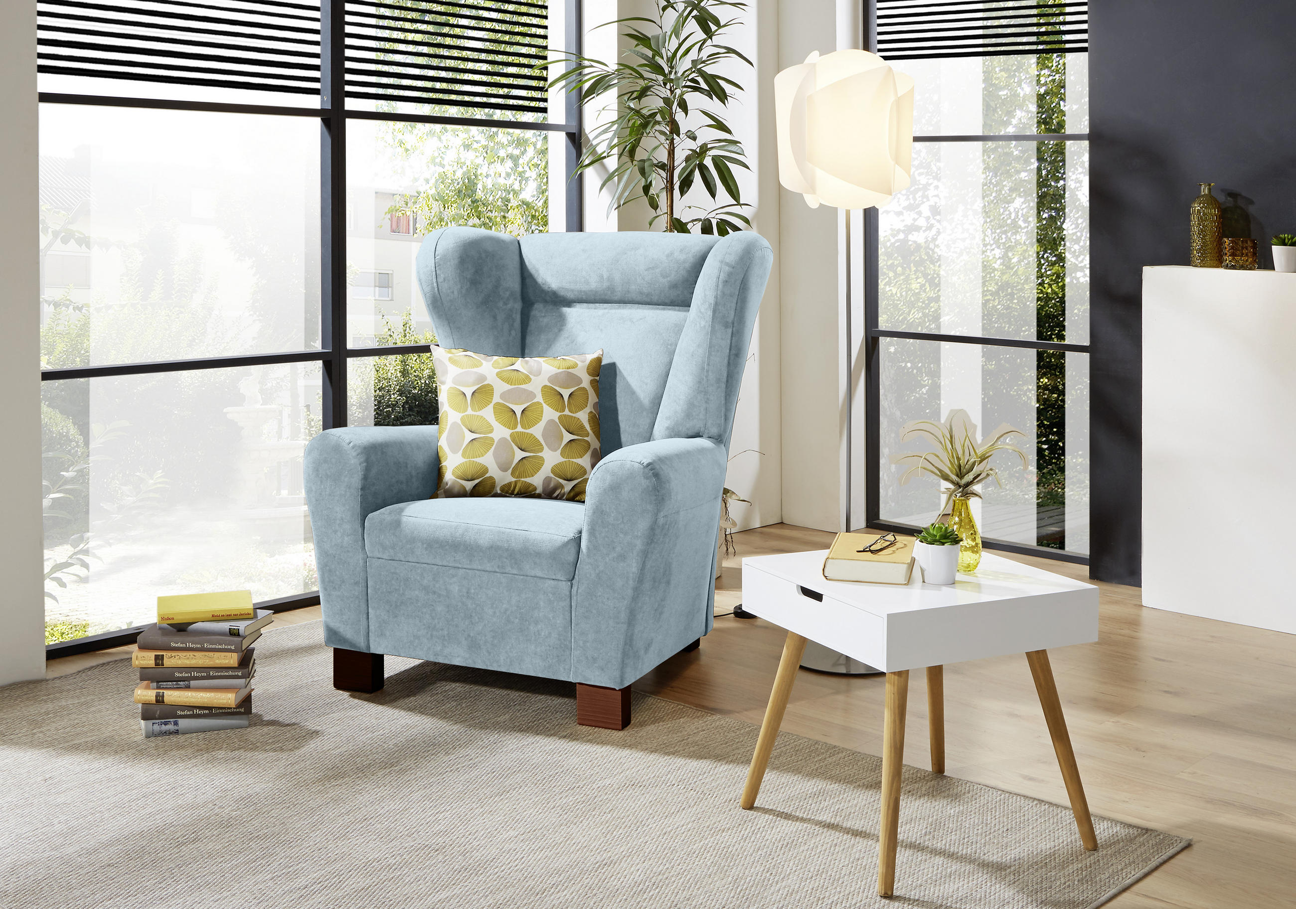 OHRENSESSEL Flachgewebe Hellblau    - Braun/Hellblau, Design, Holz/Textil (95/109/97cm) - Livetastic