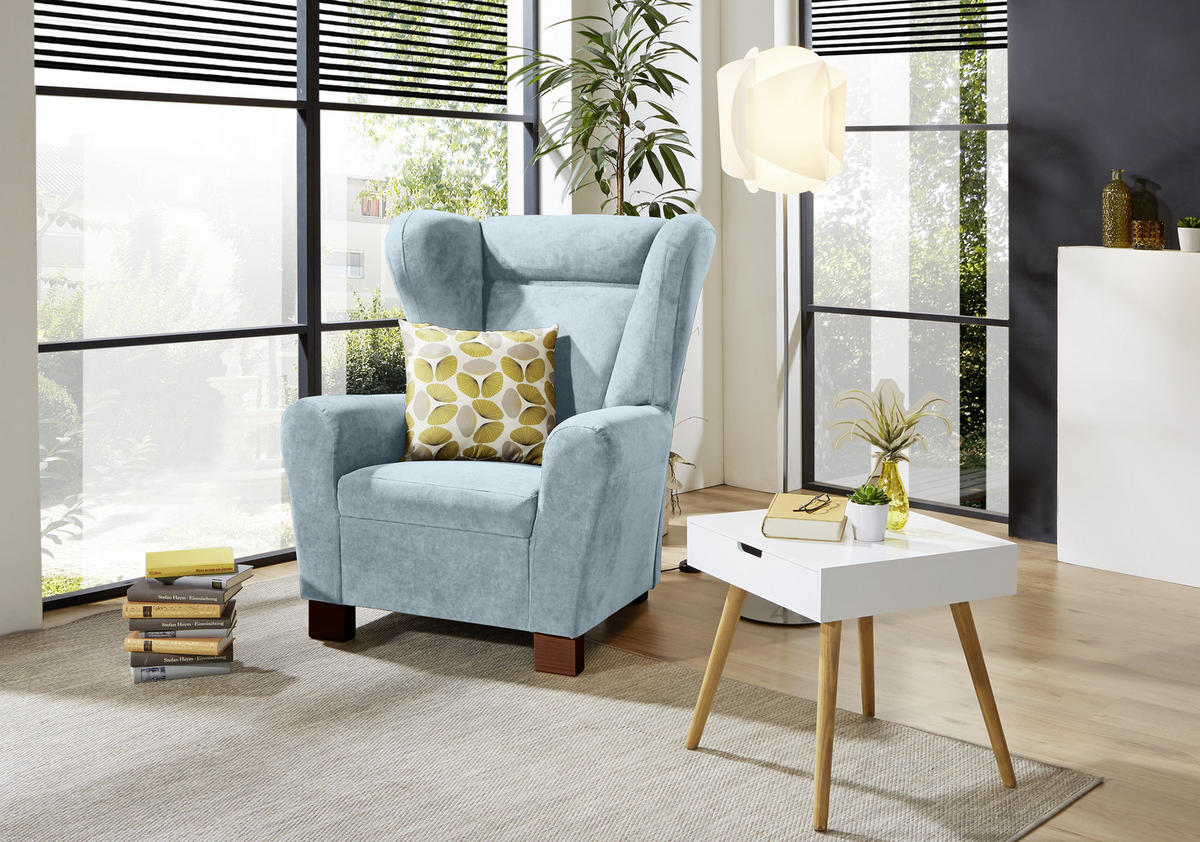 OHRENSESSEL in Flachgewebe Hellblau  - Braun/Hellblau, Design, Holz/Textil (95/109/97cm) - Livetastic