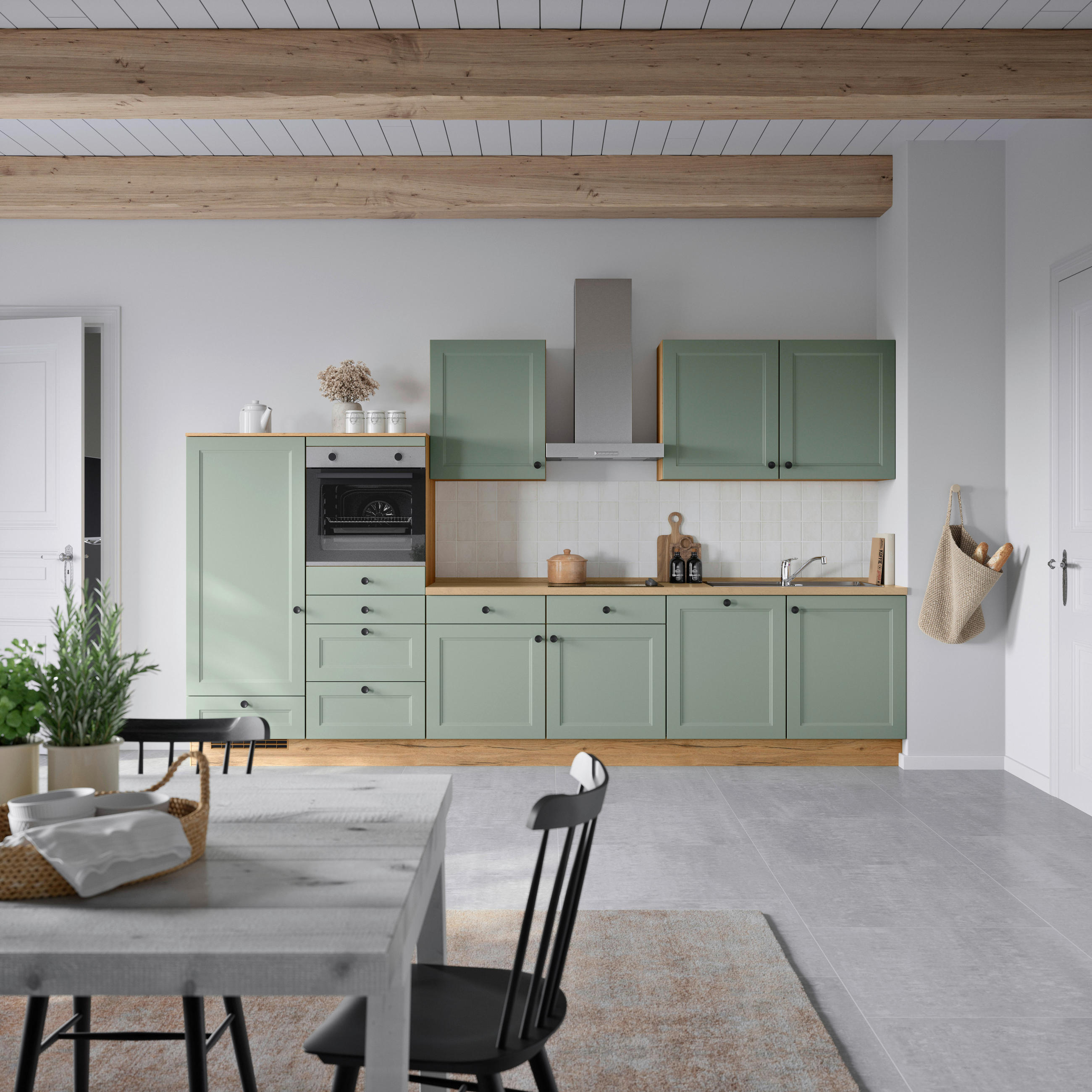KÜCHENBLOCK Cascada 360 cm  in Grün, Eichefarben  - Eichefarben/Schwarz, MODERN, Holzwerkstoff/Metall (360cm) - Nobilia