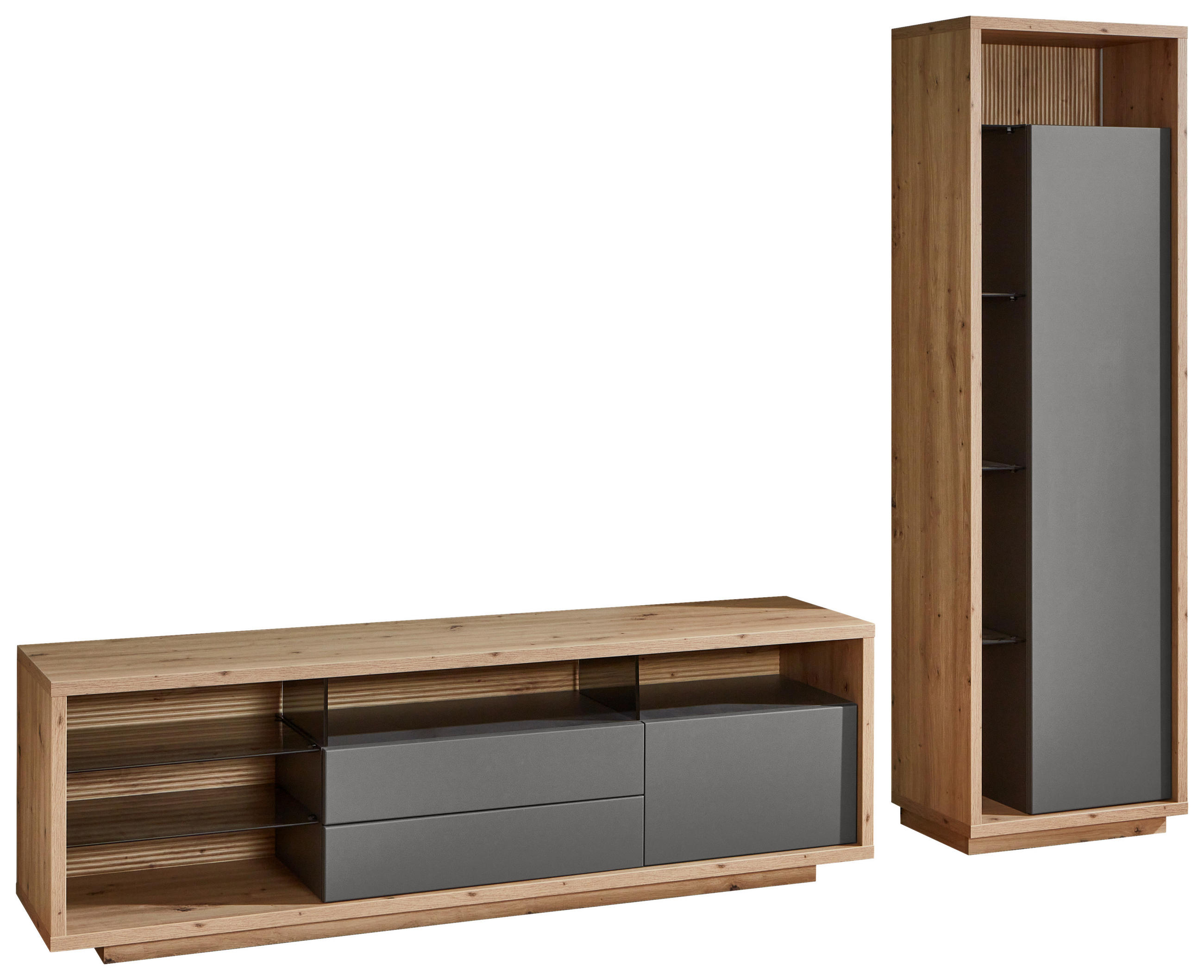 WOHNWAND  in Grau, Eiche Artisan  241/183,5/42 cm  - Eiche Artisan/Grau, Design, Glas/Holzwerkstoff (241/183,5/42cm) - Stylife