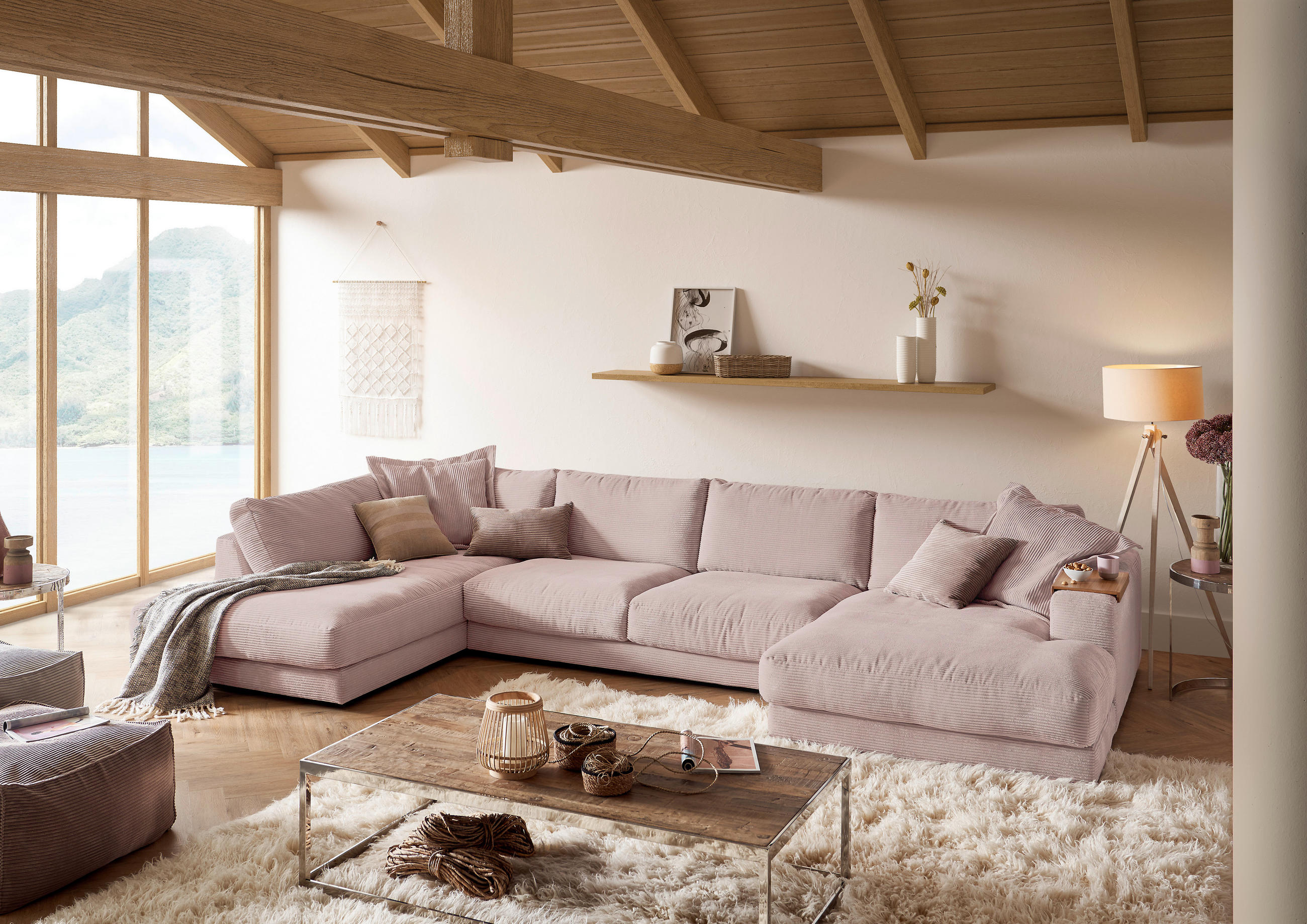 WOHNLANDSCHAFT Rosa Cord  - Schwarz/Rosa, Design, Kunststoff/Textil (224/425/190cm) - Hom`in