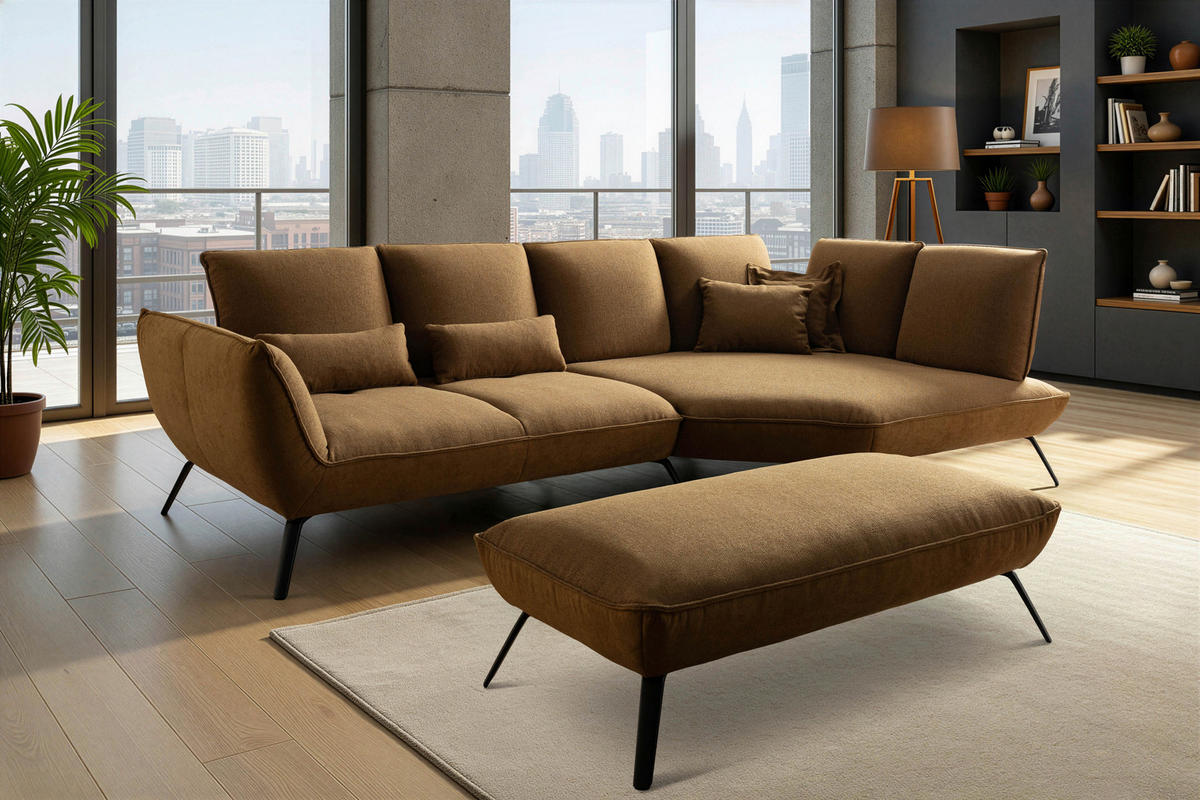 ECKSOFA Braun Flachgewebe Rücken echt, Nierenkissen  - Schwarz/Braun, Design, Textil/Metall (320/169cm) - Moderano