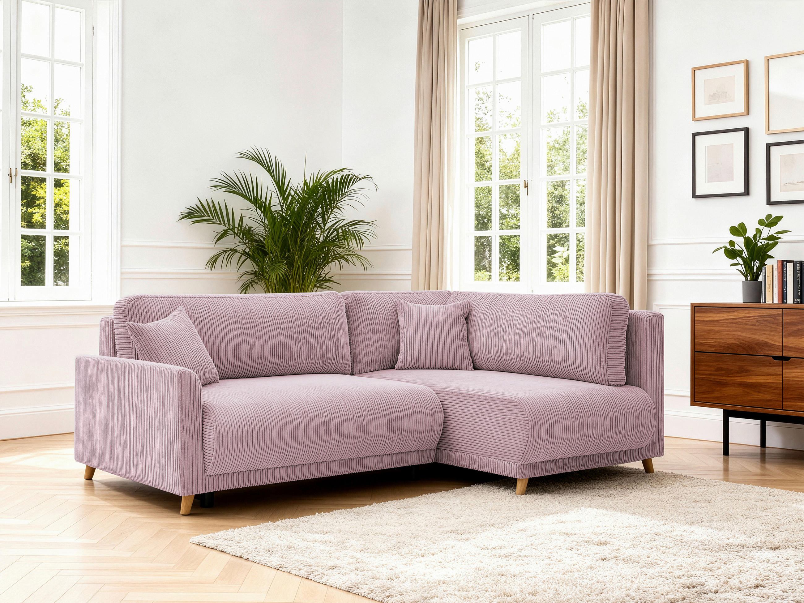 ECKSOFA MILOS Rosa Cord Rückenkissen, Bettkasten, Schlaffunktion, Rücken echt  - Naturfarben/Rosa, Design, Textil (224/148cm) - P & B