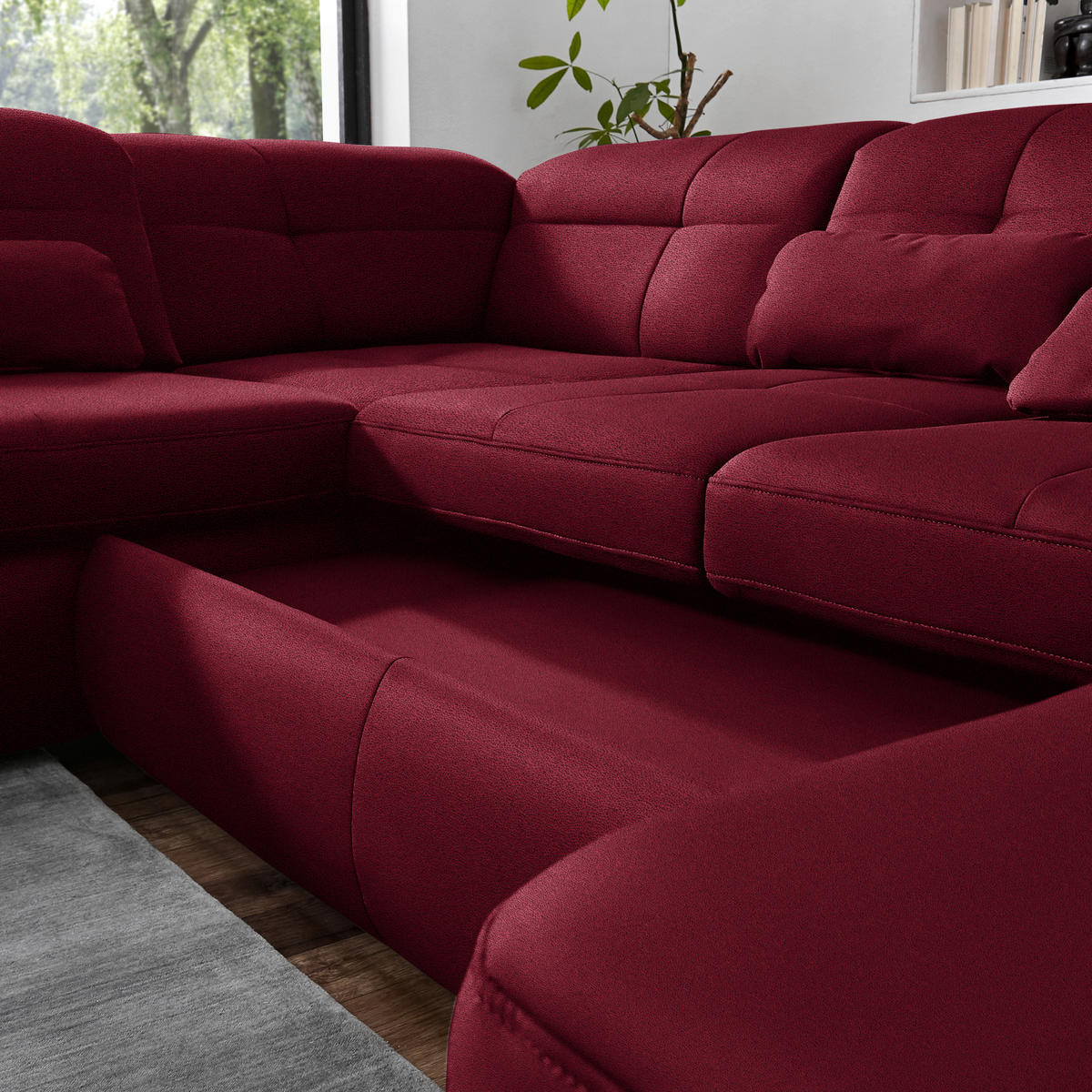 WOHNLANDSCHAFT  in Mikrofaser Weinrot  - Chromfarben/Weinrot, Design, Holzwerkstoff/Textil (260/371/195cm) - Beldomo Style