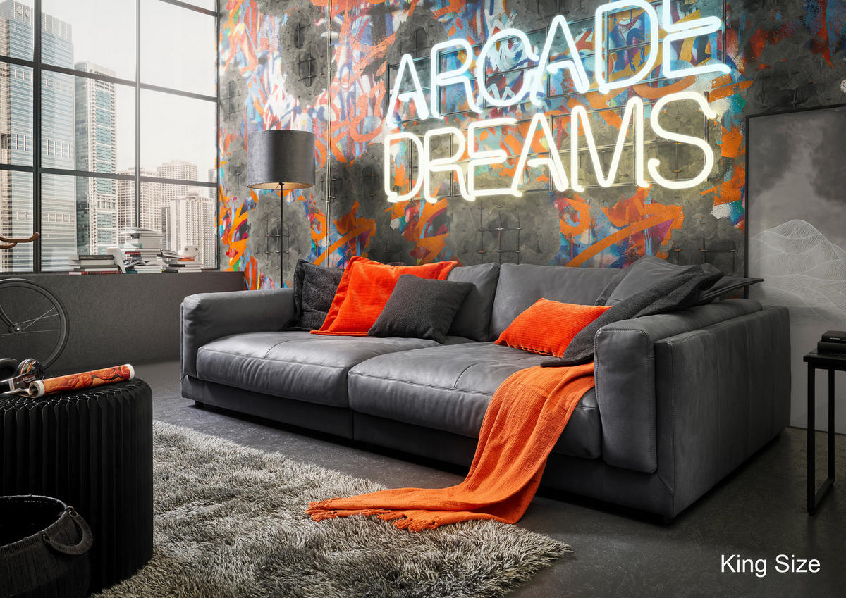 BIGSOFA Echtleder Anthrazit  - Anthrazit/Schwarz, Design, Leder/Kunststoff (294/85/150cm) - Pure Home Lifestyle