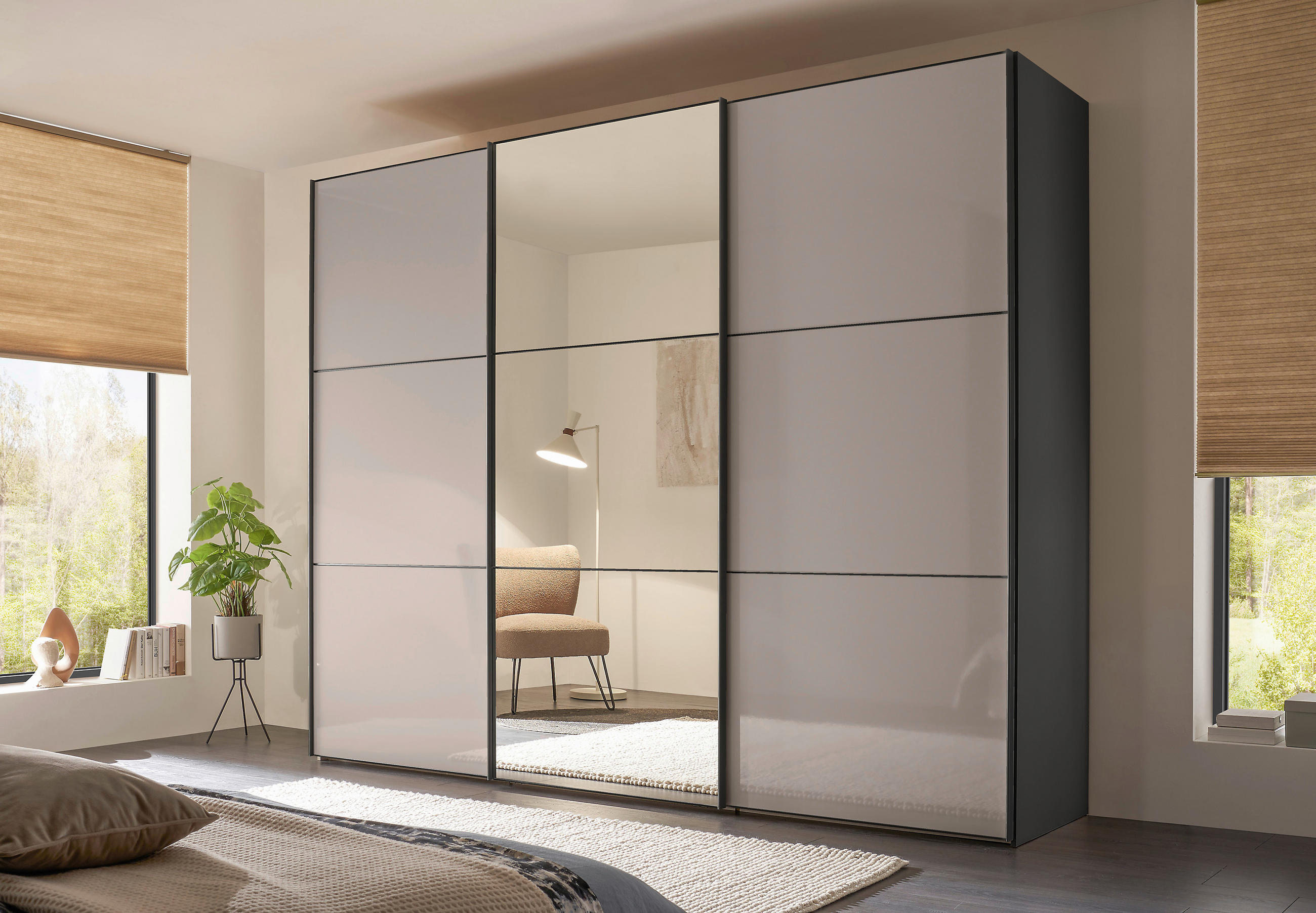 SCHWEBETÜRENSCHRANK 298/222/68 cm 3-türig Anthrazit, Dunkelgrau  - Dunkelgrau/Anthrazit, MODERN, Glas/Holzwerkstoff (298/222/68cm) - Moderano